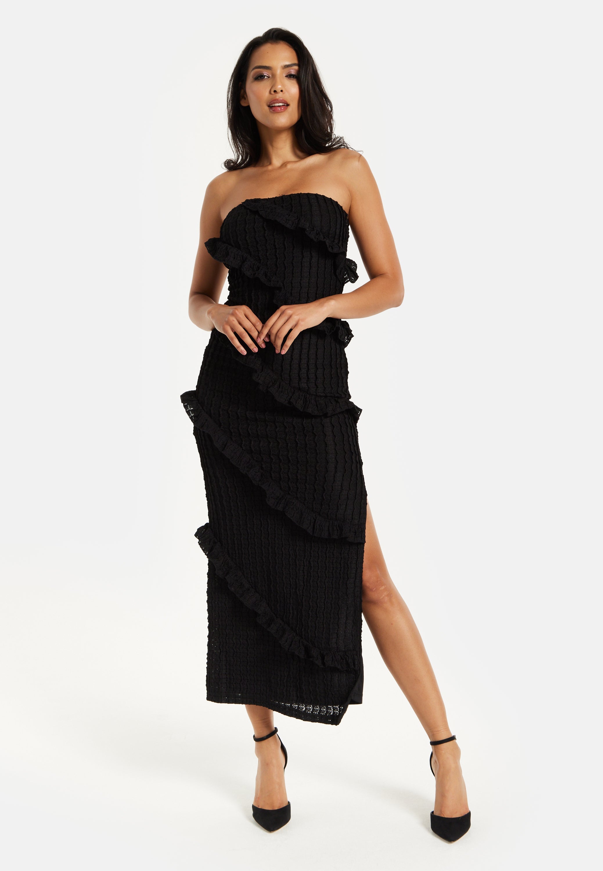 Women's Maxi Dress with Off-Shoulder Design, Diagonal Frilled Slit Detail in Classic Black