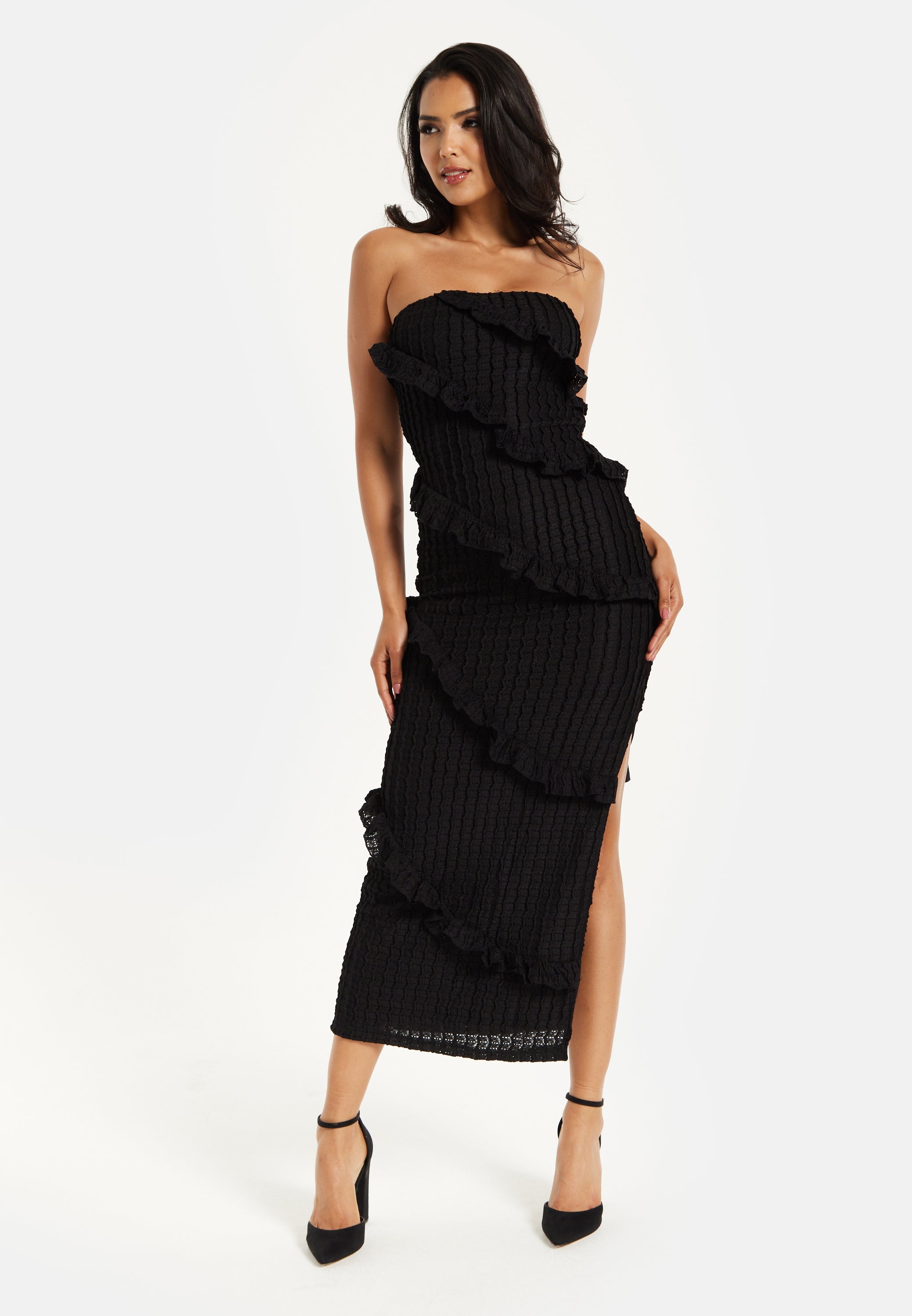 Women's Maxi Dress with Off-Shoulder Design, Diagonal Frilled Slit Detail in Classic Black