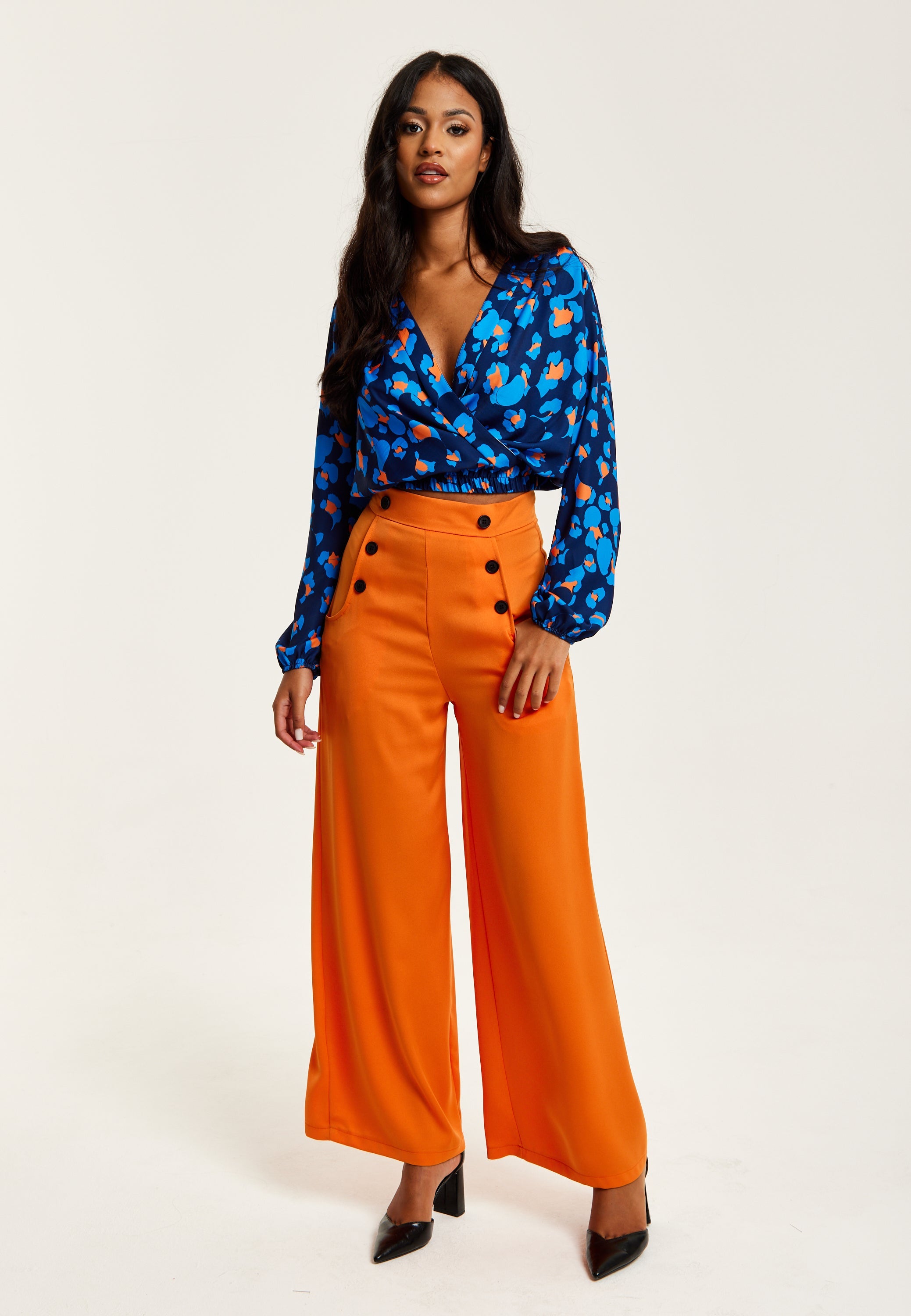 Women's Abstract Print Wrap Top In Pink, Orange, And Blue - Crossover Front, V Neck, Long Sleeves, Elasticated Waist