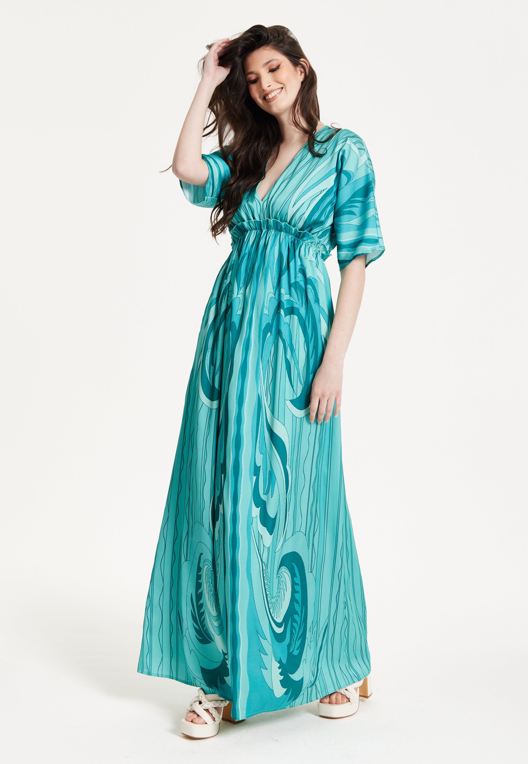 Turquoise Swirl Print Maxi Dress