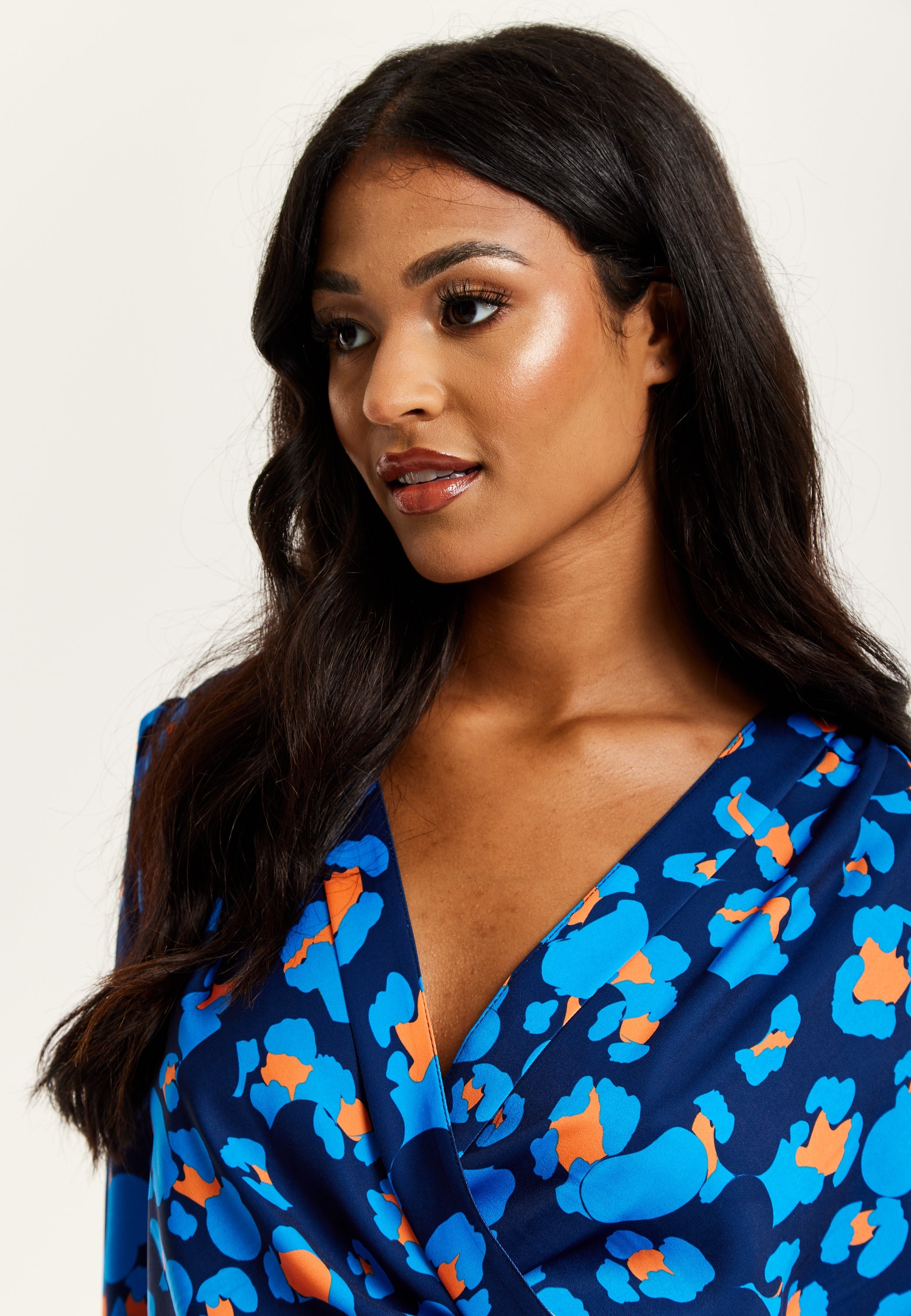 Women's Abstract Print Wrap Top In Pink, Orange, And Blue - Crossover Front, V Neck, Long Sleeves, Elasticated Waist