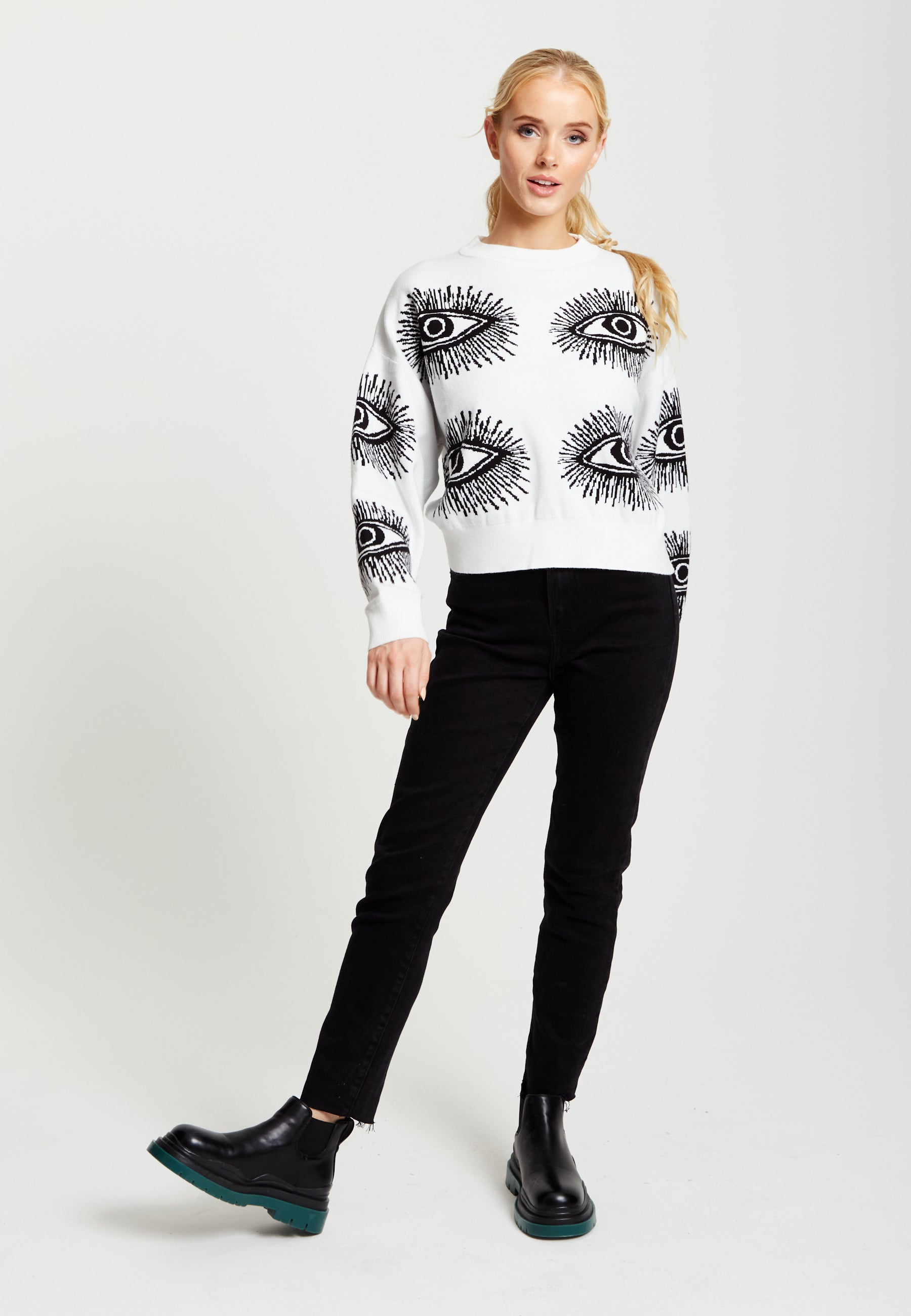 Women's Jumper in White with Long Sleeves and Distinctive Eye Pattern by Liquorish