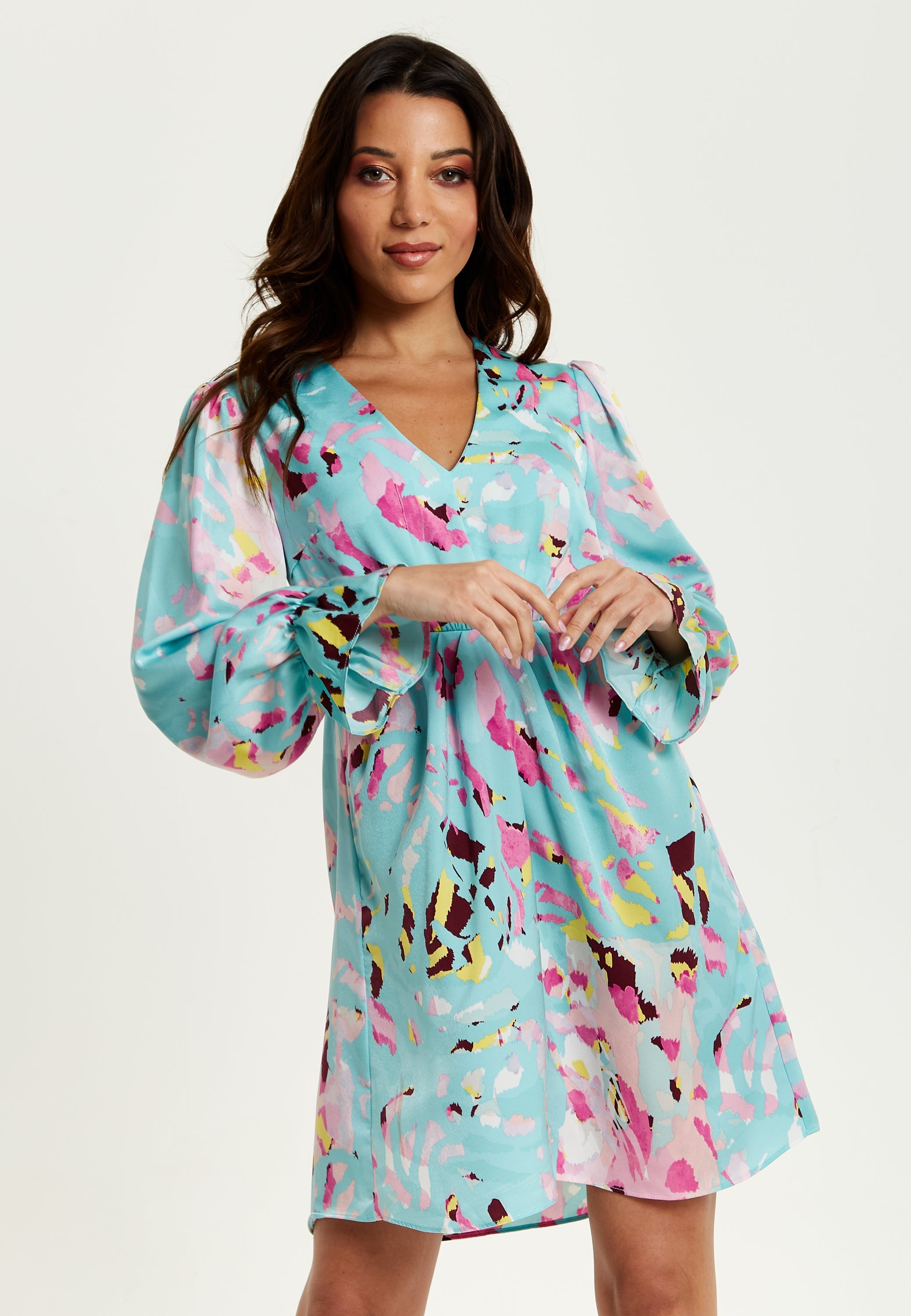 Women's Mini Dress with Long Sleeves, Blue Abstract Print, Open Back Design, Chic & Flattering - Liquorish