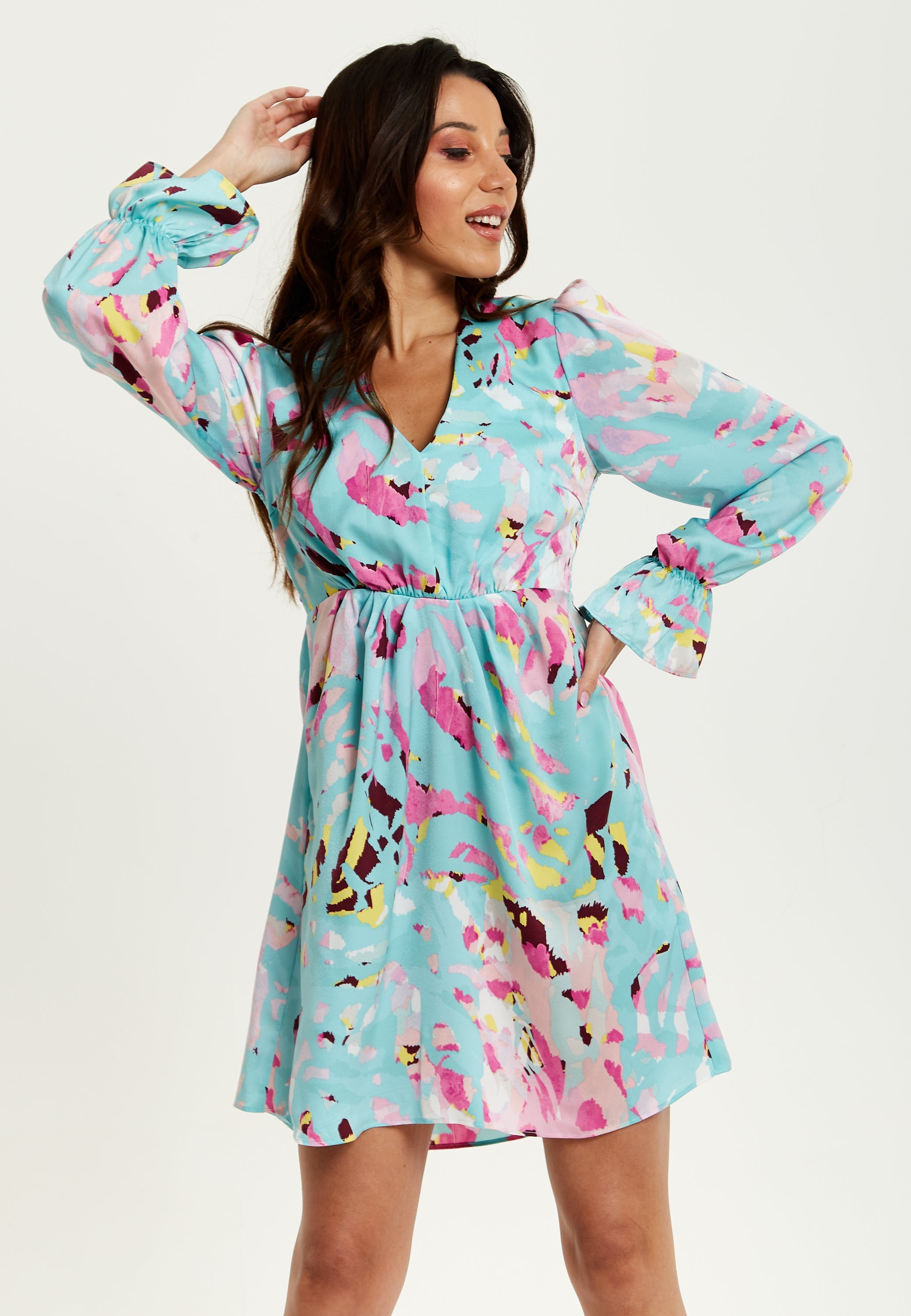 Women's Mini Dress with Long Sleeves, Blue Abstract Print, Open Back Design, Chic & Flattering - Liquorish