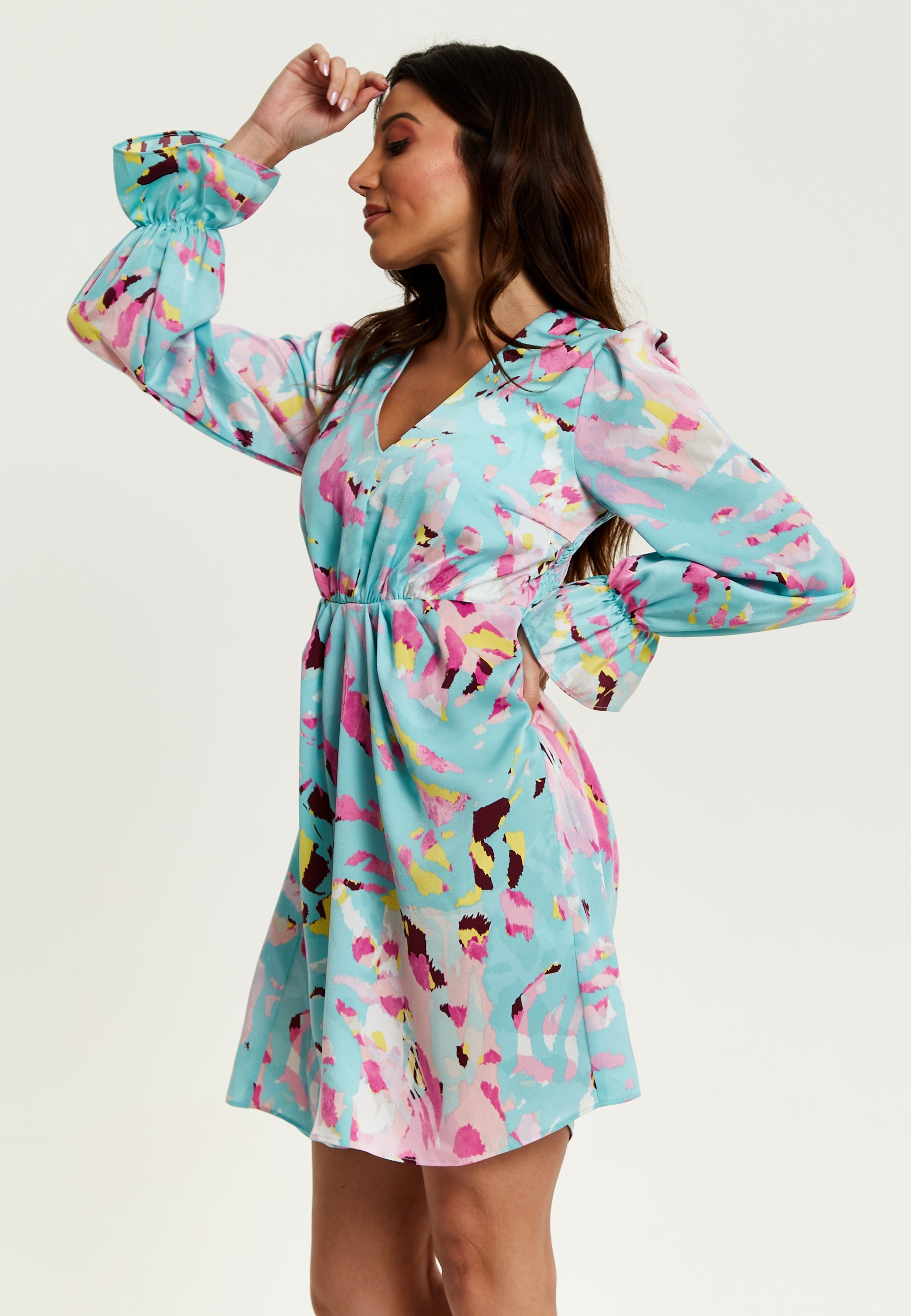Women's Mini Dress with Long Sleeves, Blue Abstract Print, Open Back Design, Chic & Flattering - Liquorish