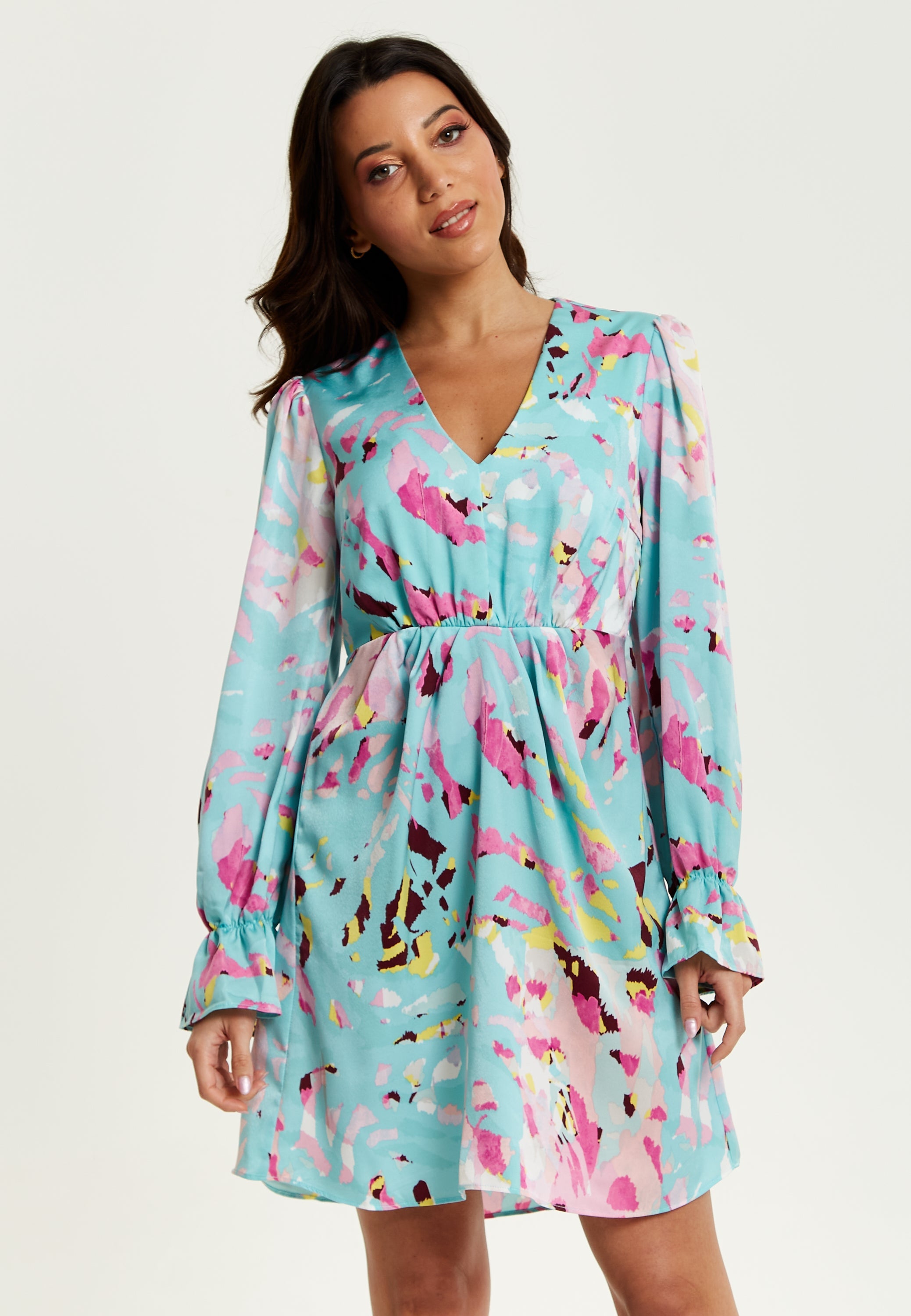 Women's Mini Dress with Long Sleeves, Blue Abstract Print, Open Back Design, Chic & Flattering - Liquorish