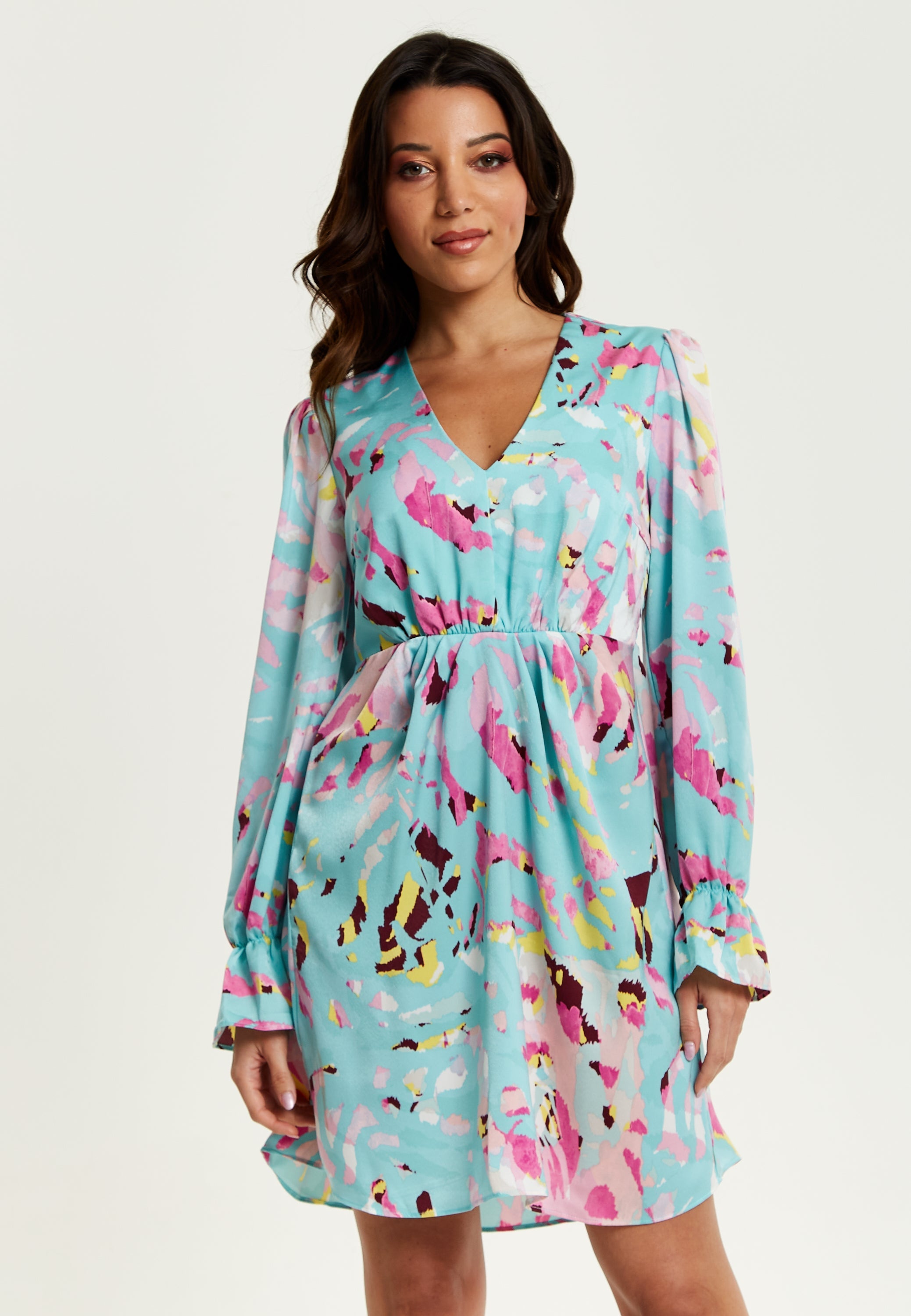 Women's Mini Dress with Long Sleeves, Blue Abstract Print, Open Back Design, Chic & Flattering - Liquorish