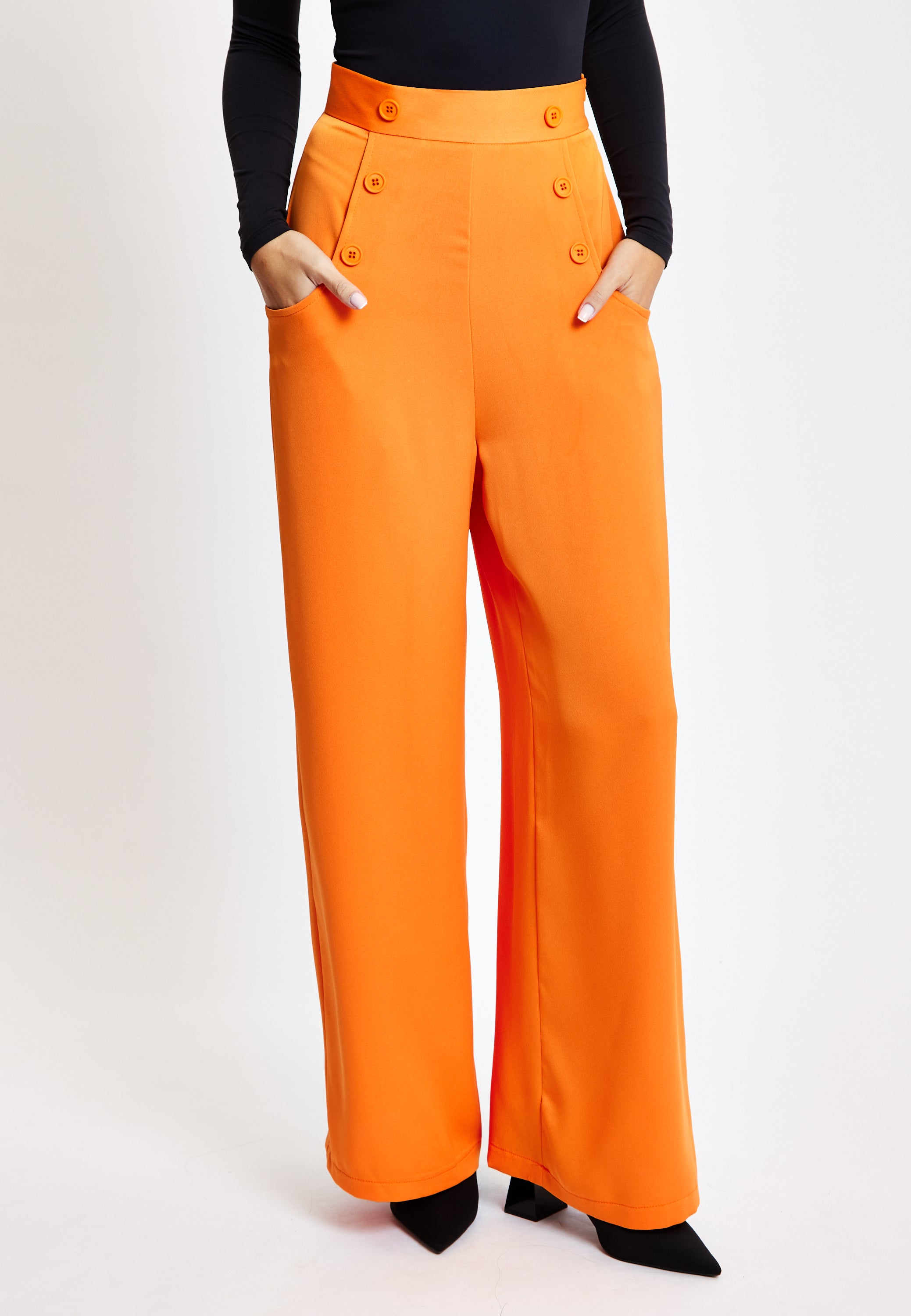 Women's Trousers High Waist Orange Wide Leg with Front Buttons and Pockets, Zip-Side Fastening, Liquorish