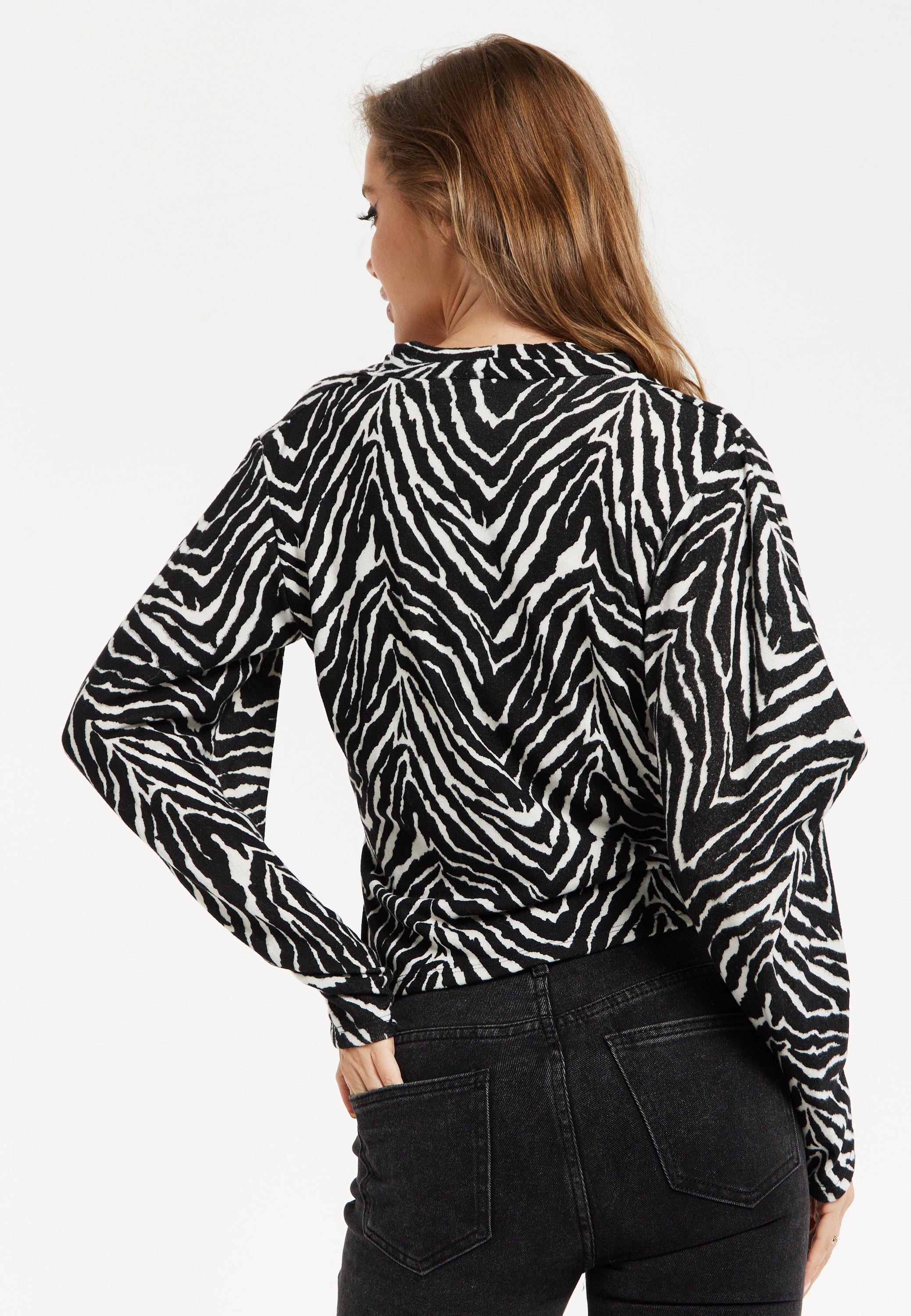 Women's Brushed Knit Mono Zebra Print Top - Long Sleeve, V Neck, Crossover Front, Regular Fit, Striking Pattern