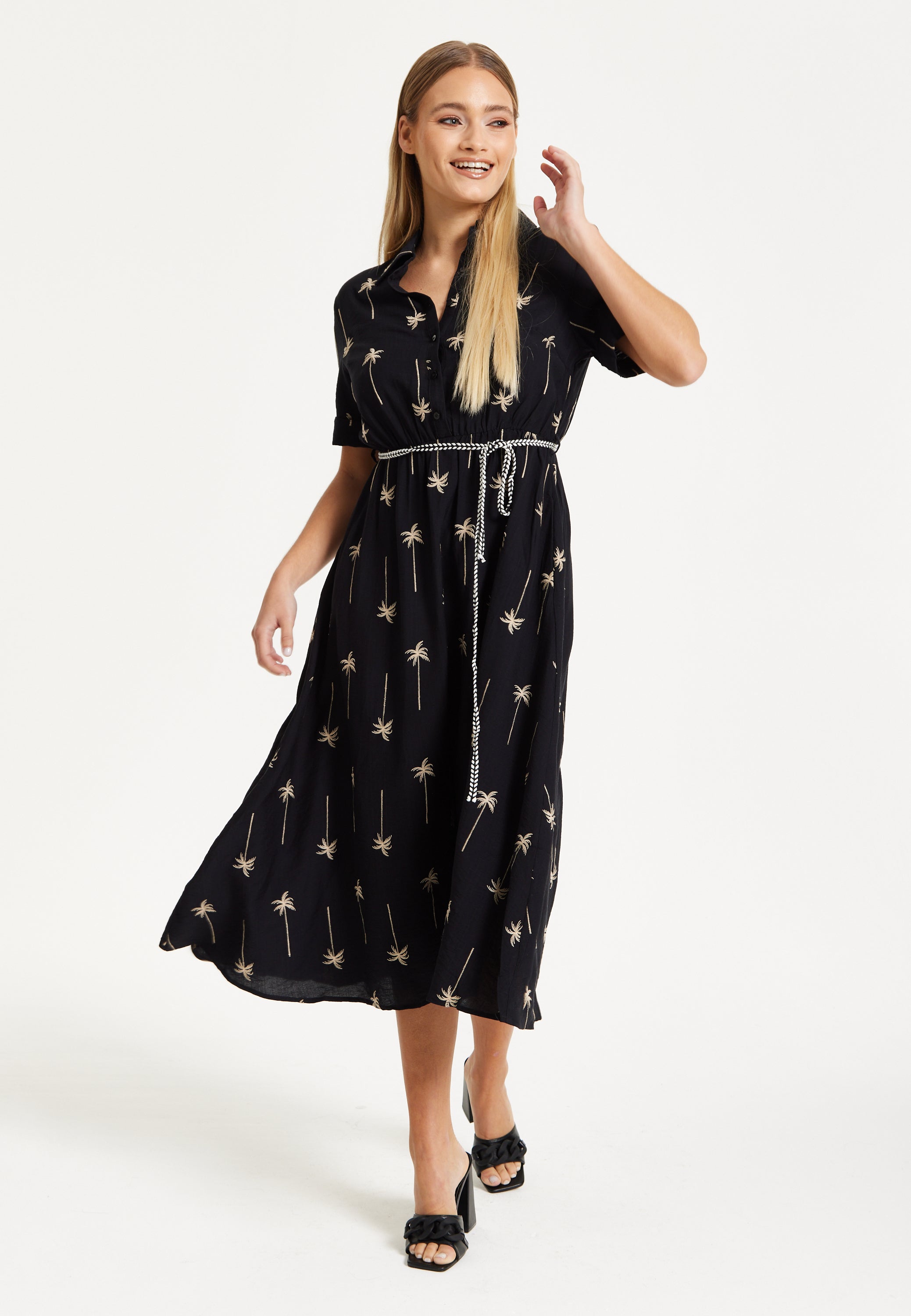 Black Palm Print Shirt Midi Dress