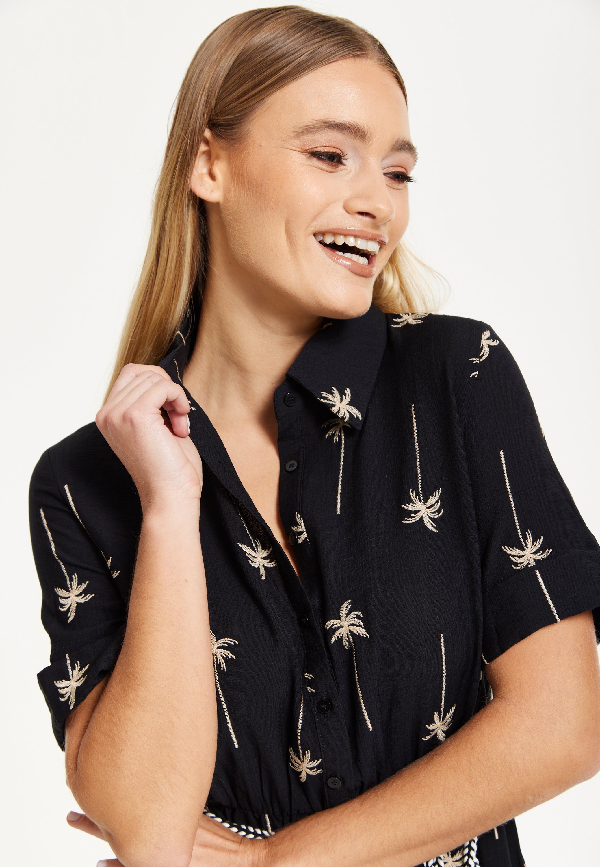 Black Palm Print Shirt Midi Dress