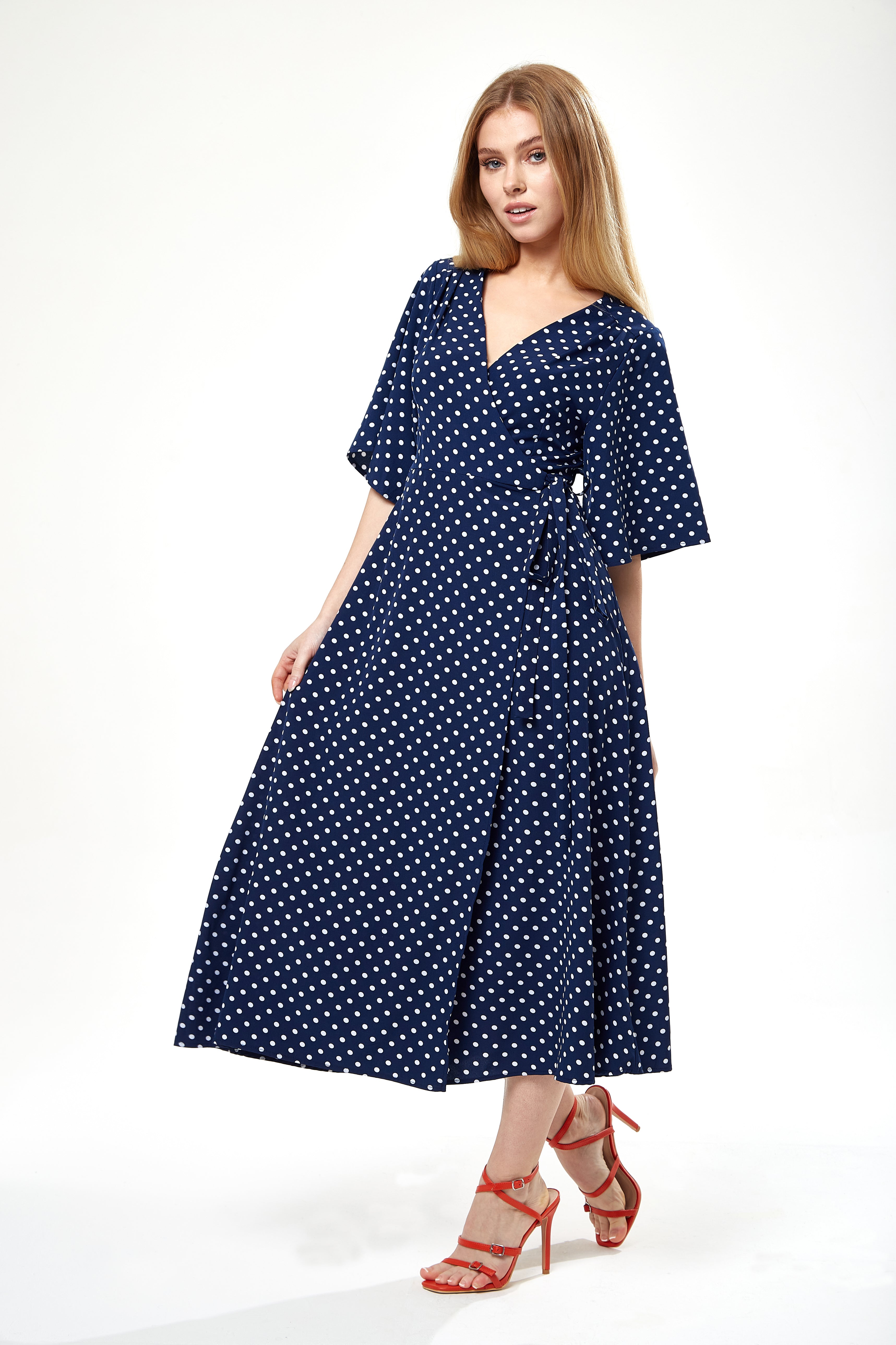 Women's Midi Wrap Dress in Navy with Kimono Sleeves - Elegant Design for Effortless Style by Liquorish