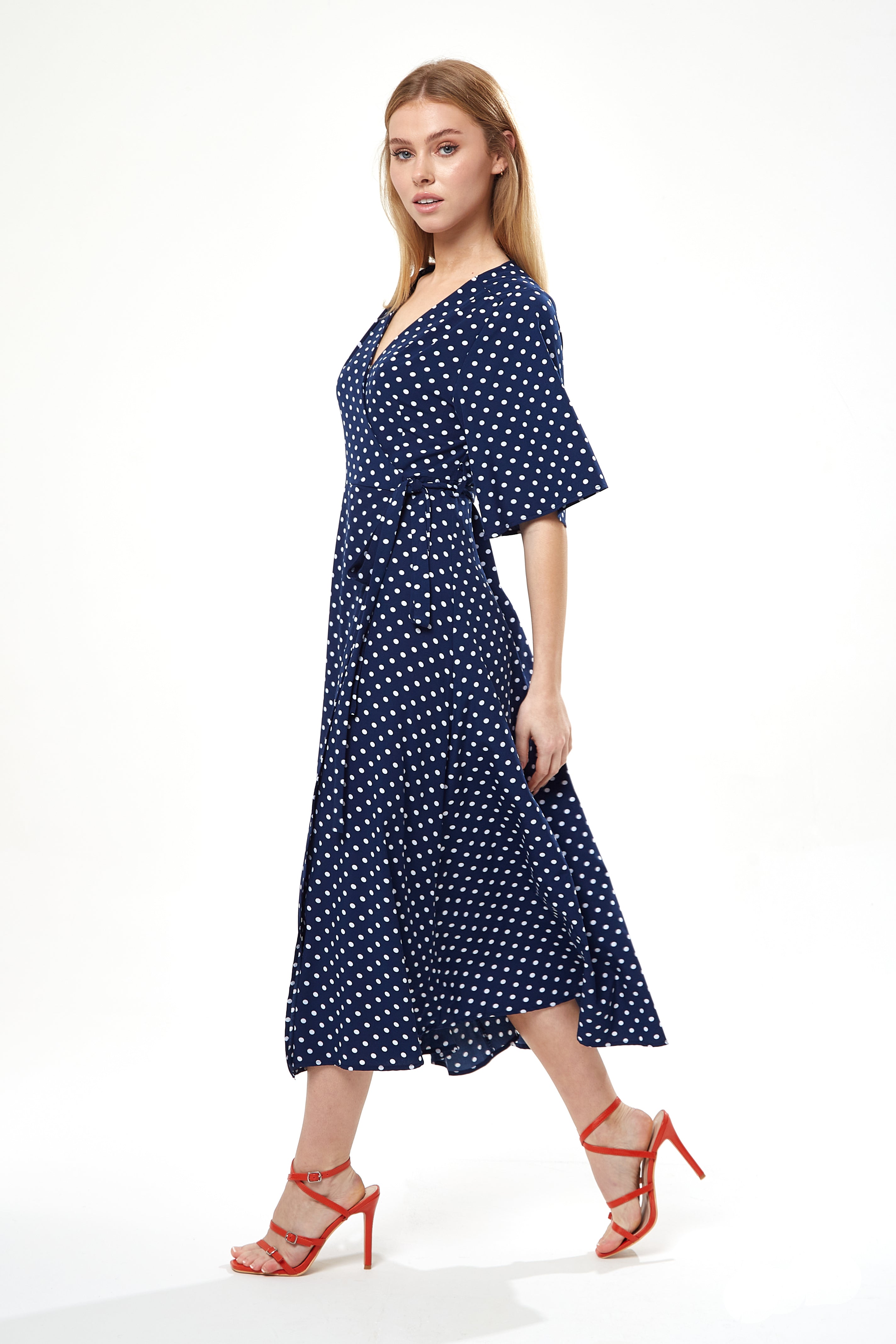 Women's Midi Wrap Dress in Navy with Kimono Sleeves - Elegant Design for Effortless Style by Liquorish