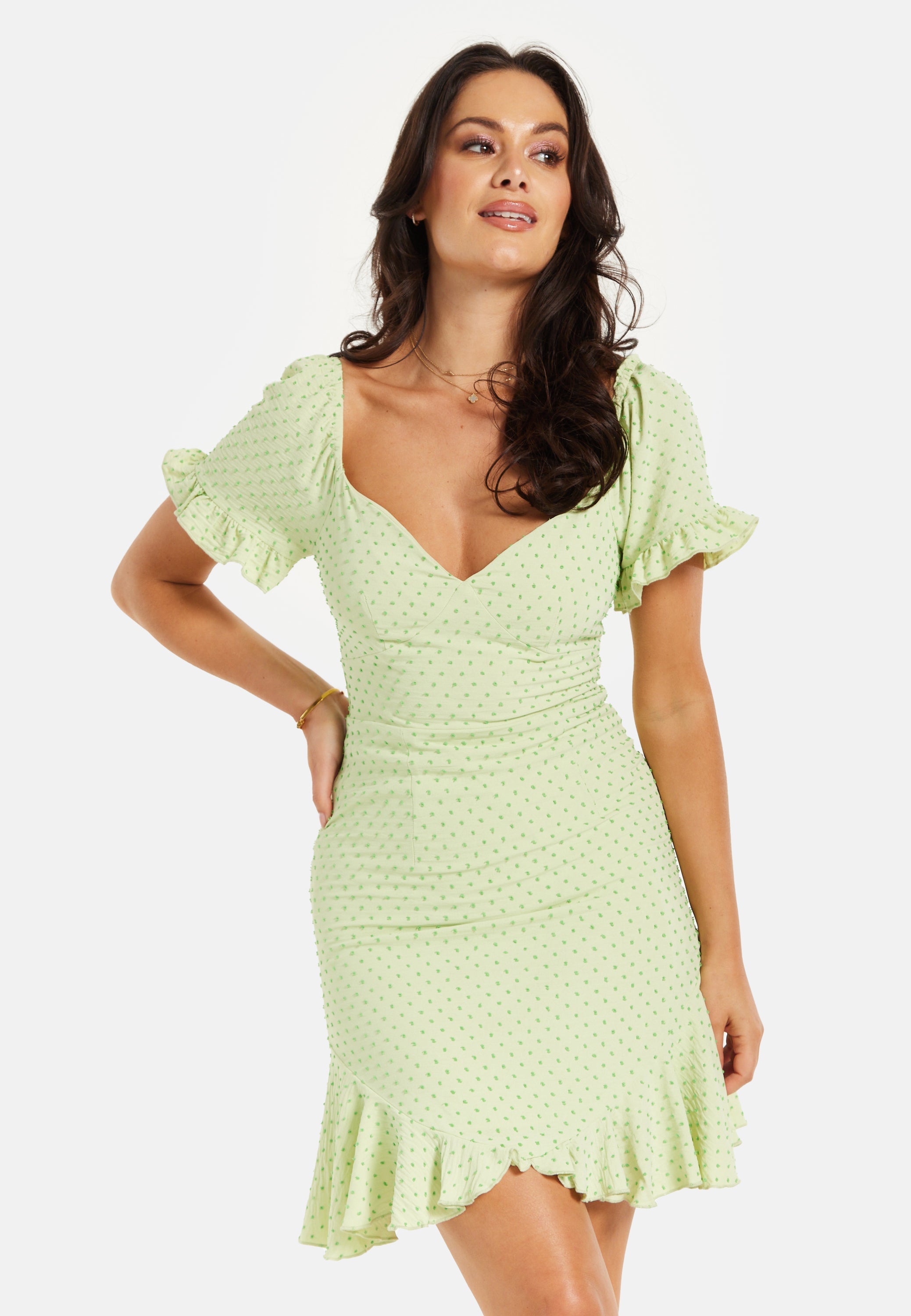 Women’s Mini Dress, Green Polka Dot Frill Detail with Angel Sleeves