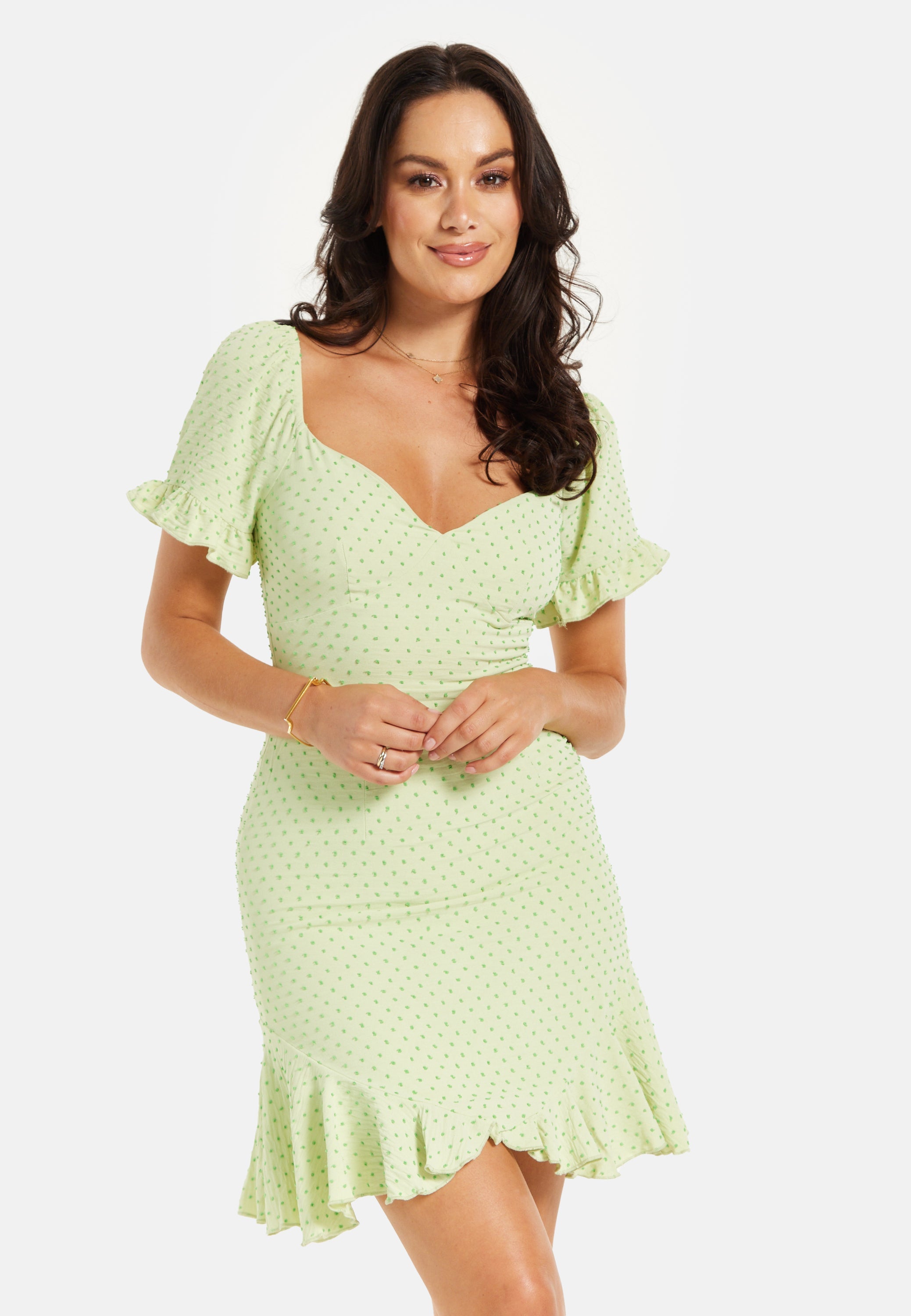 Women’s Mini Dress, Green Polka Dot Frill Detail with Angel Sleeves
