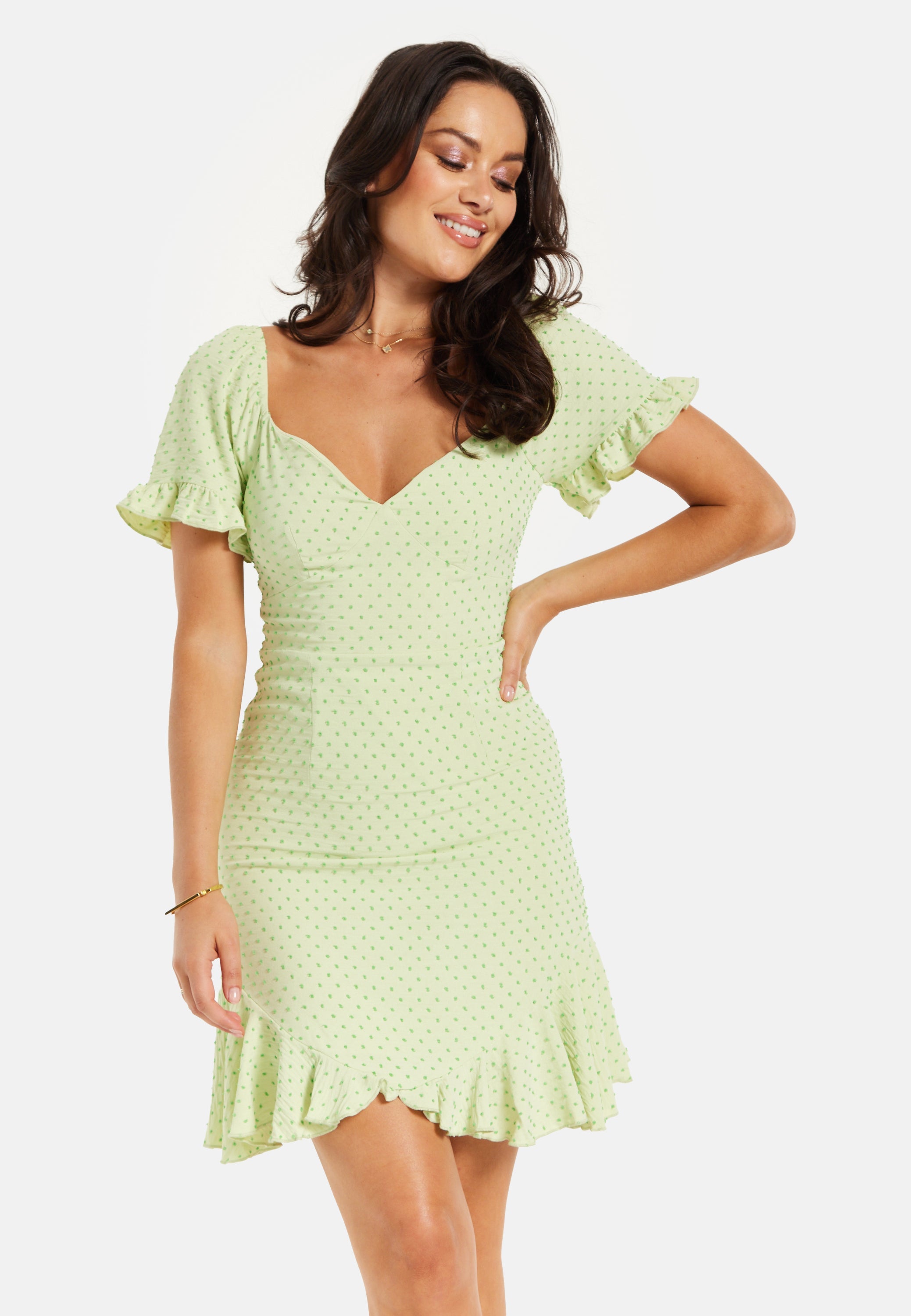 Women’s Mini Dress, Green Polka Dot Frill Detail with Angel Sleeves