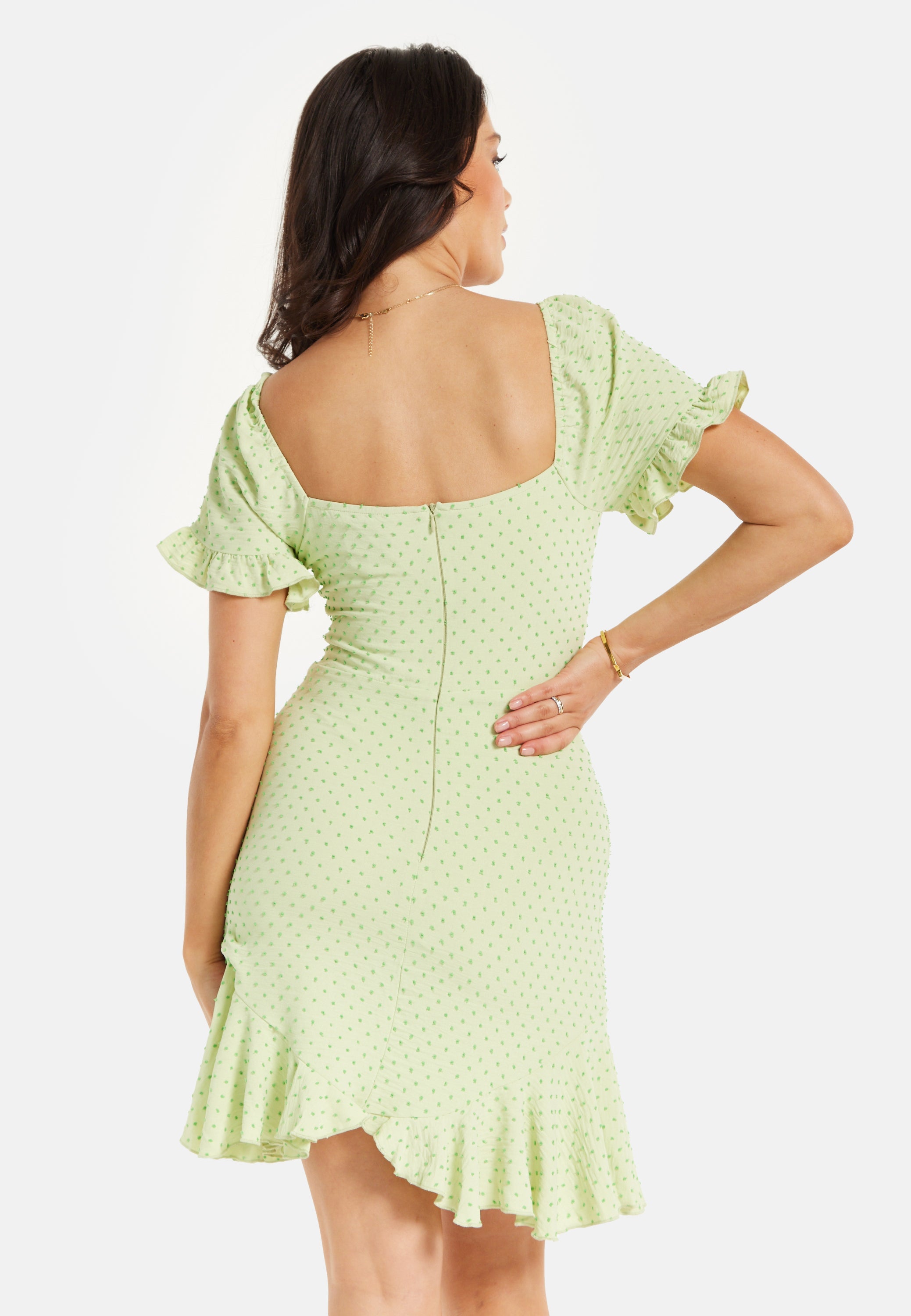 Women’s Mini Dress, Green Polka Dot Frill Detail with Angel Sleeves