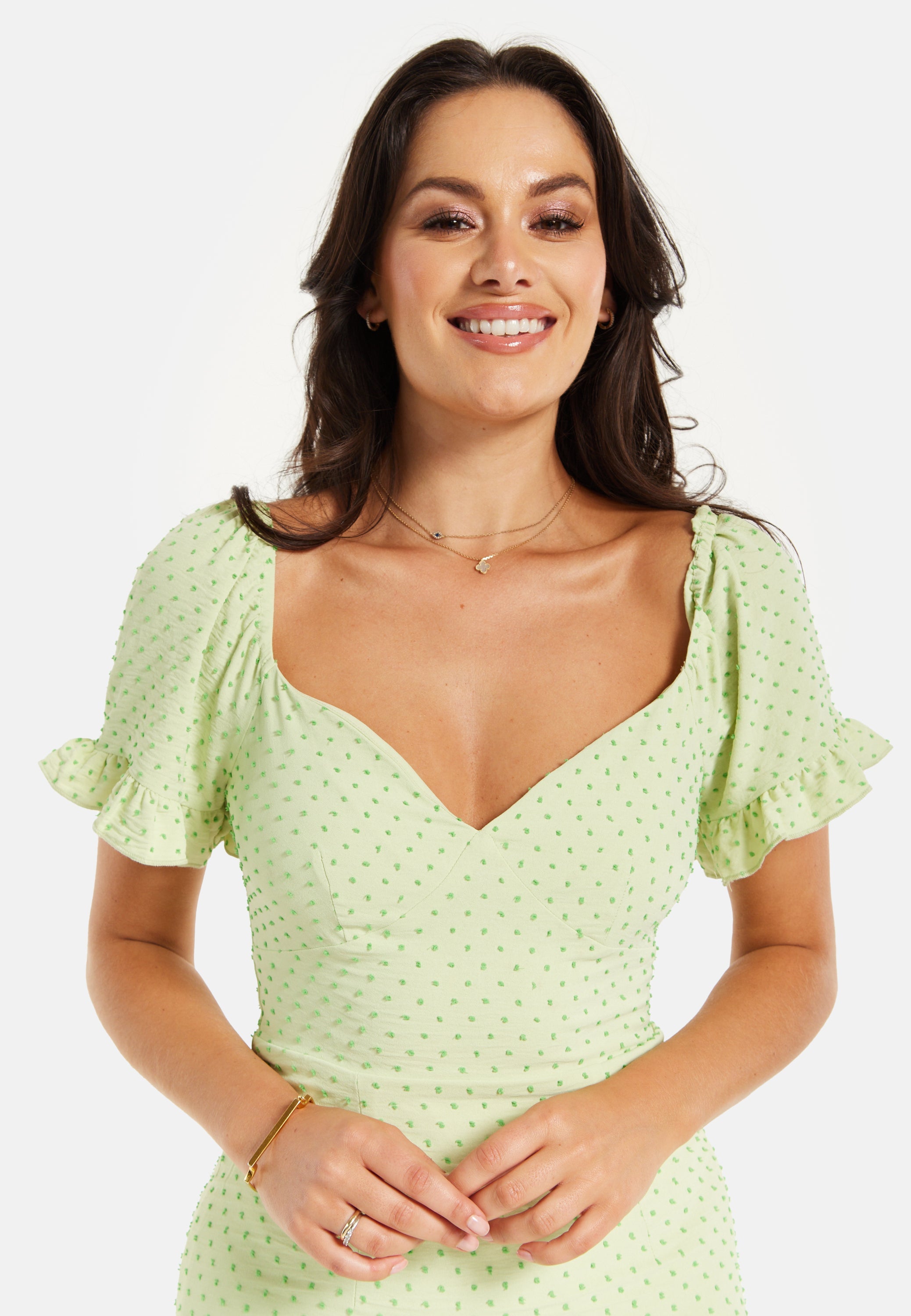 Women’s Mini Dress, Green Polka Dot Frill Detail with Angel Sleeves