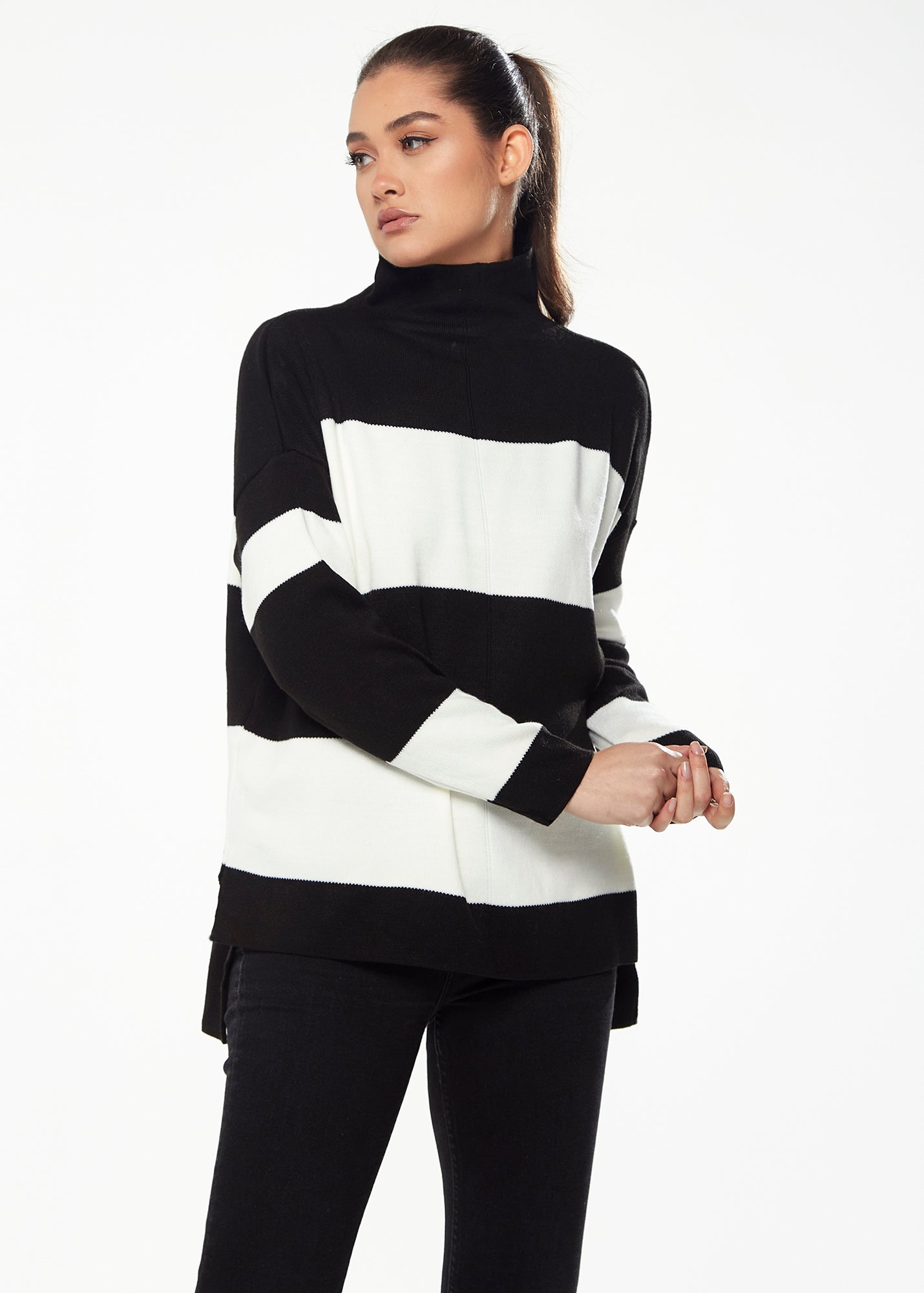 Women's Jumper with Full-Length Sleeves in Black & White - Cozy Roll Neck Design by Liquorish
