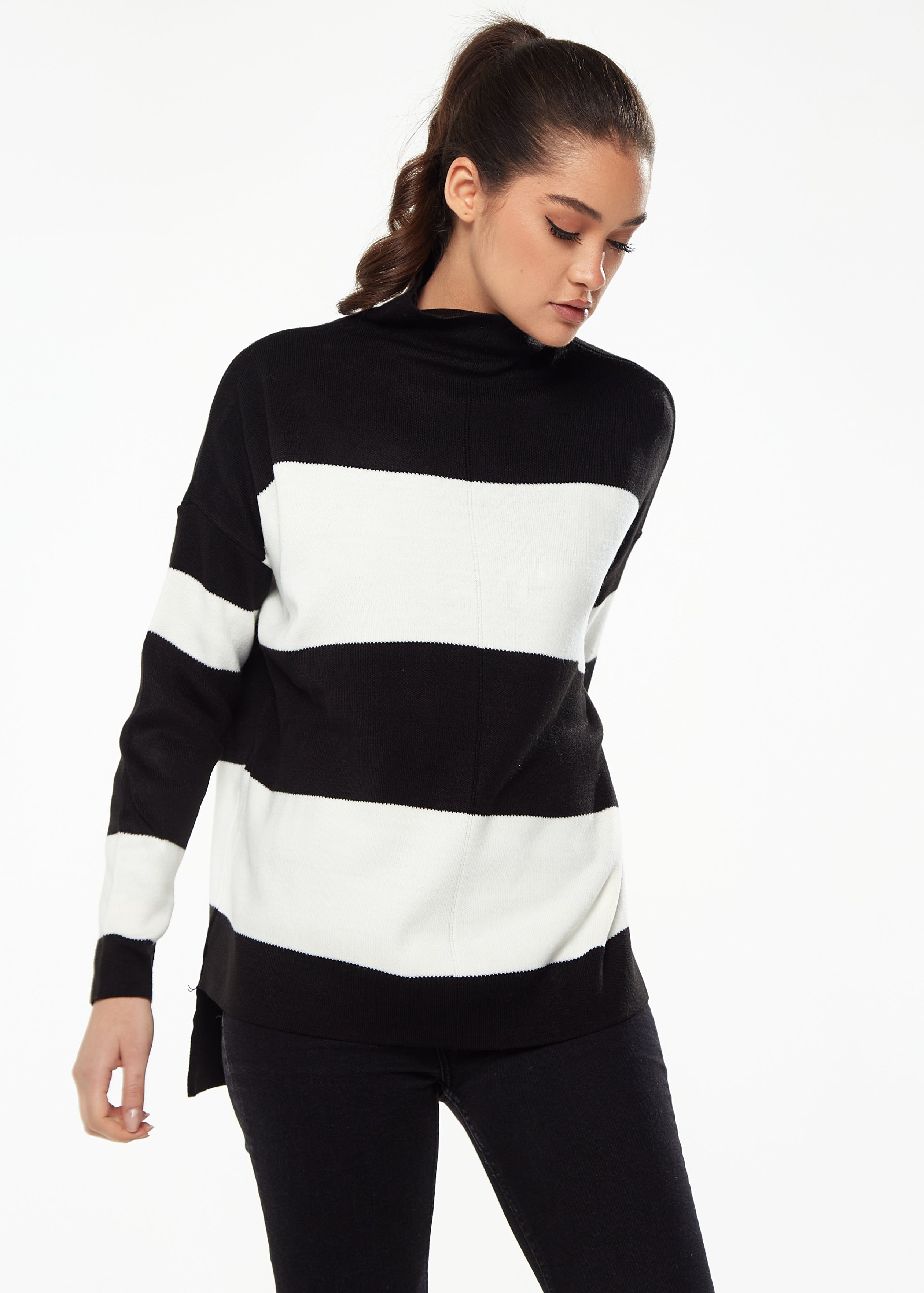 Women's Jumper with Full-Length Sleeves in Black & White - Cozy Roll Neck Design by Liquorish