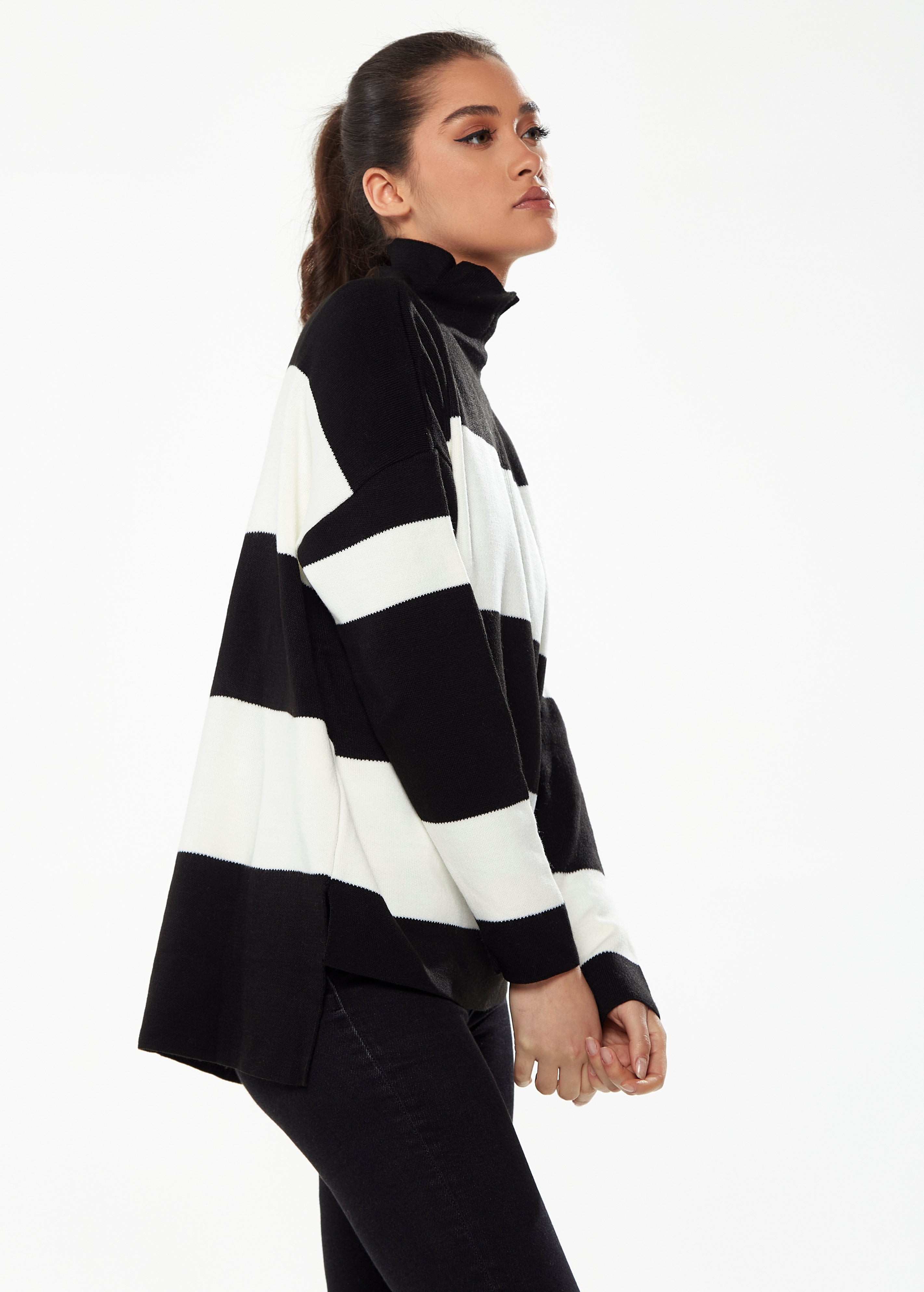 Women's Jumper with Full-Length Sleeves in Black & White - Cozy Roll Neck Design by Liquorish