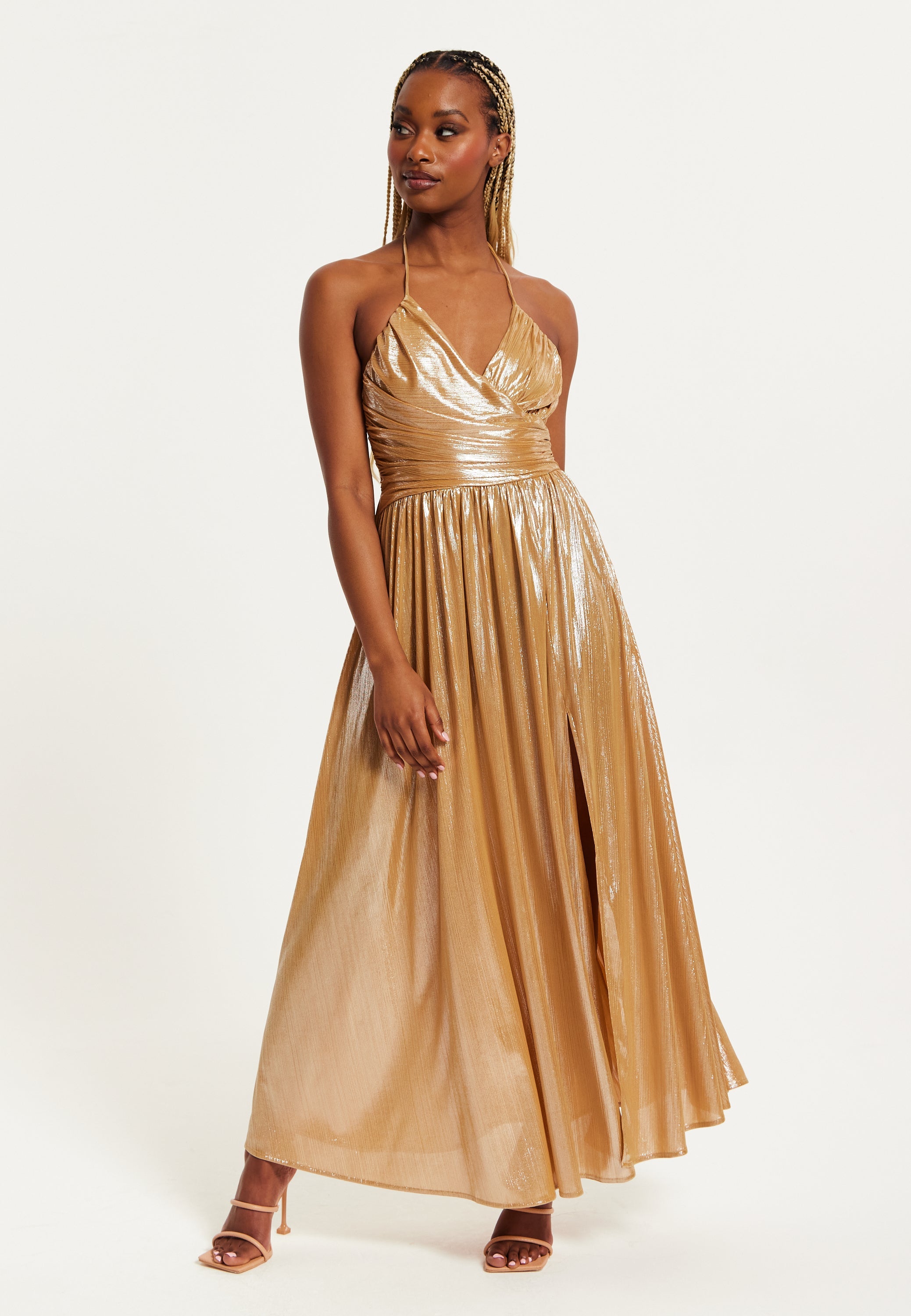 Women's Maxi Dress with Strapless Design, Gold Foil Print, Side Slit, and Open Back - Liquorish