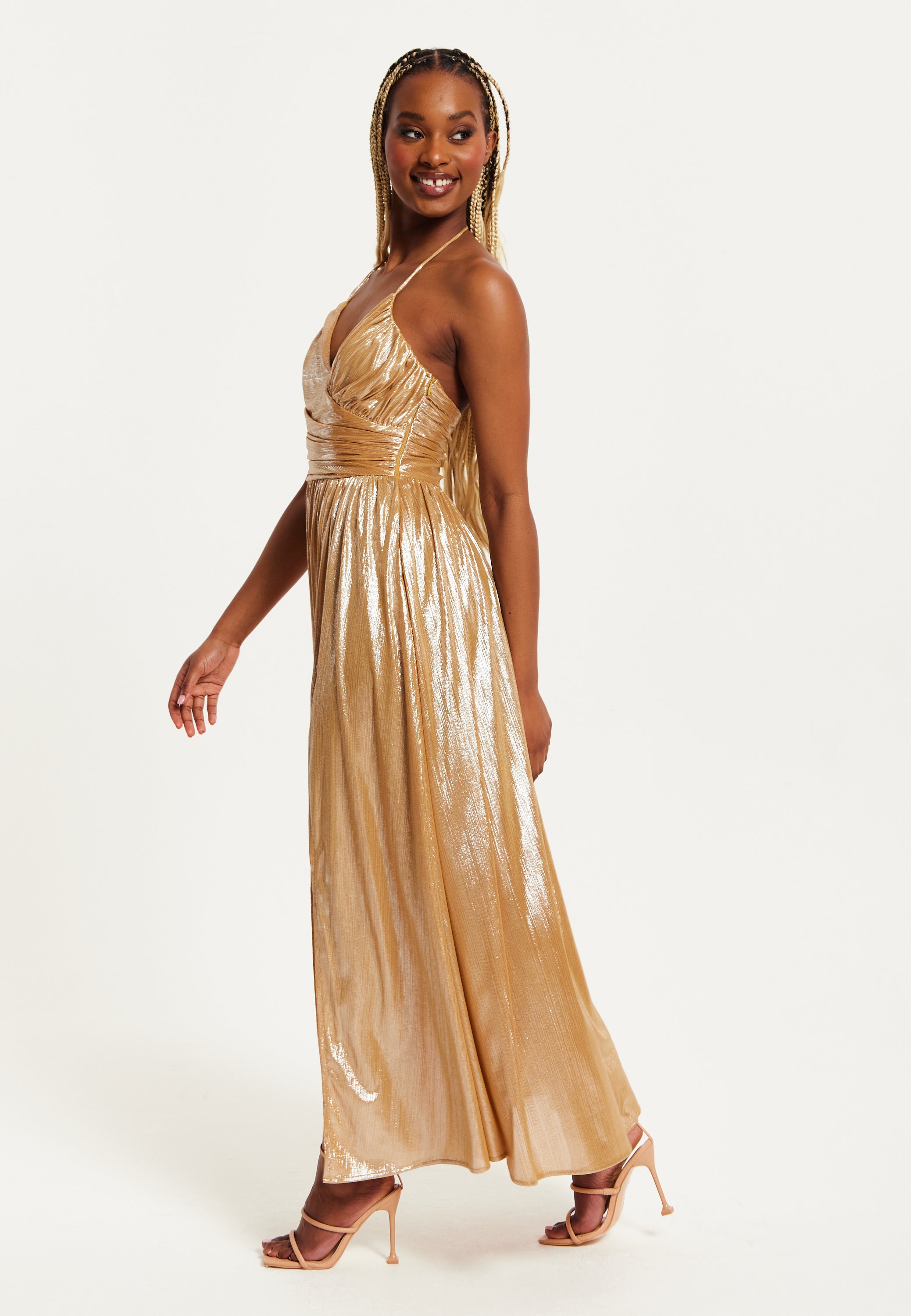 Women's Maxi Dress with Strapless Design, Gold Foil Print, Side Slit, and Open Back - Liquorish