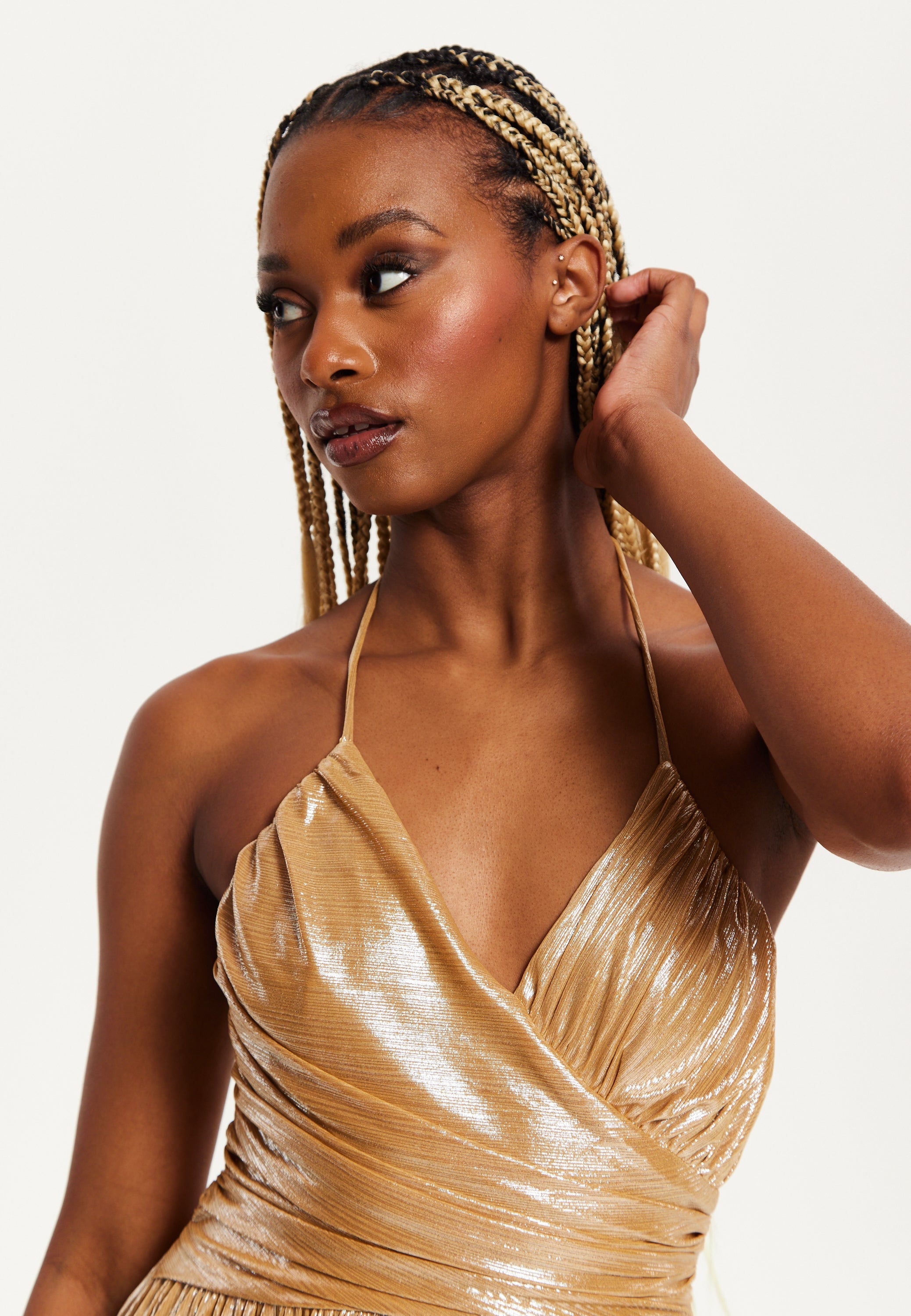 Women's Maxi Dress with Strapless Design, Gold Foil Print, Side Slit, and Open Back - Liquorish