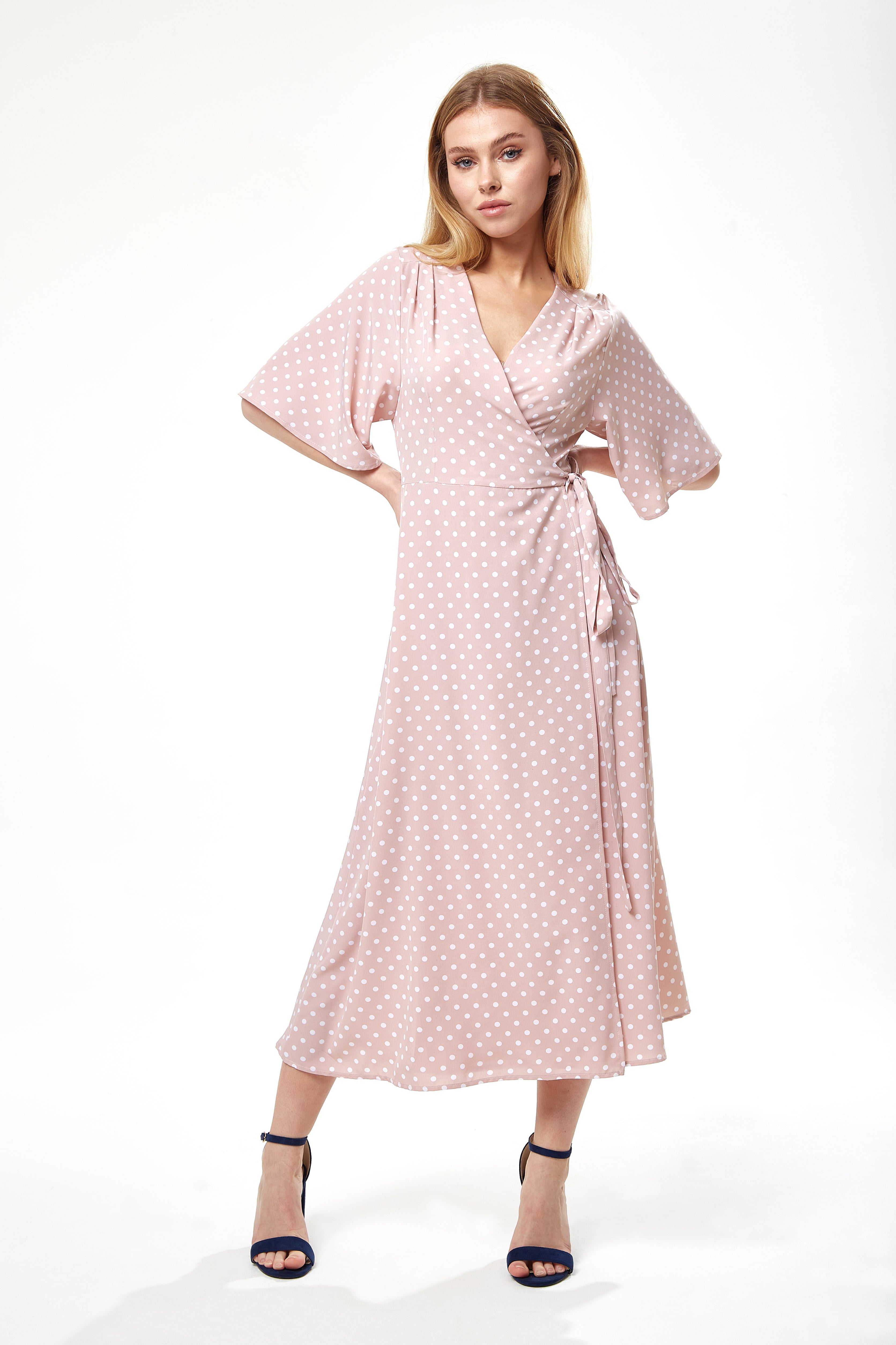 Women’s Midi Wrap Dress in Light Pink with Kimono Sleeves - Elegant Design by Liquorish