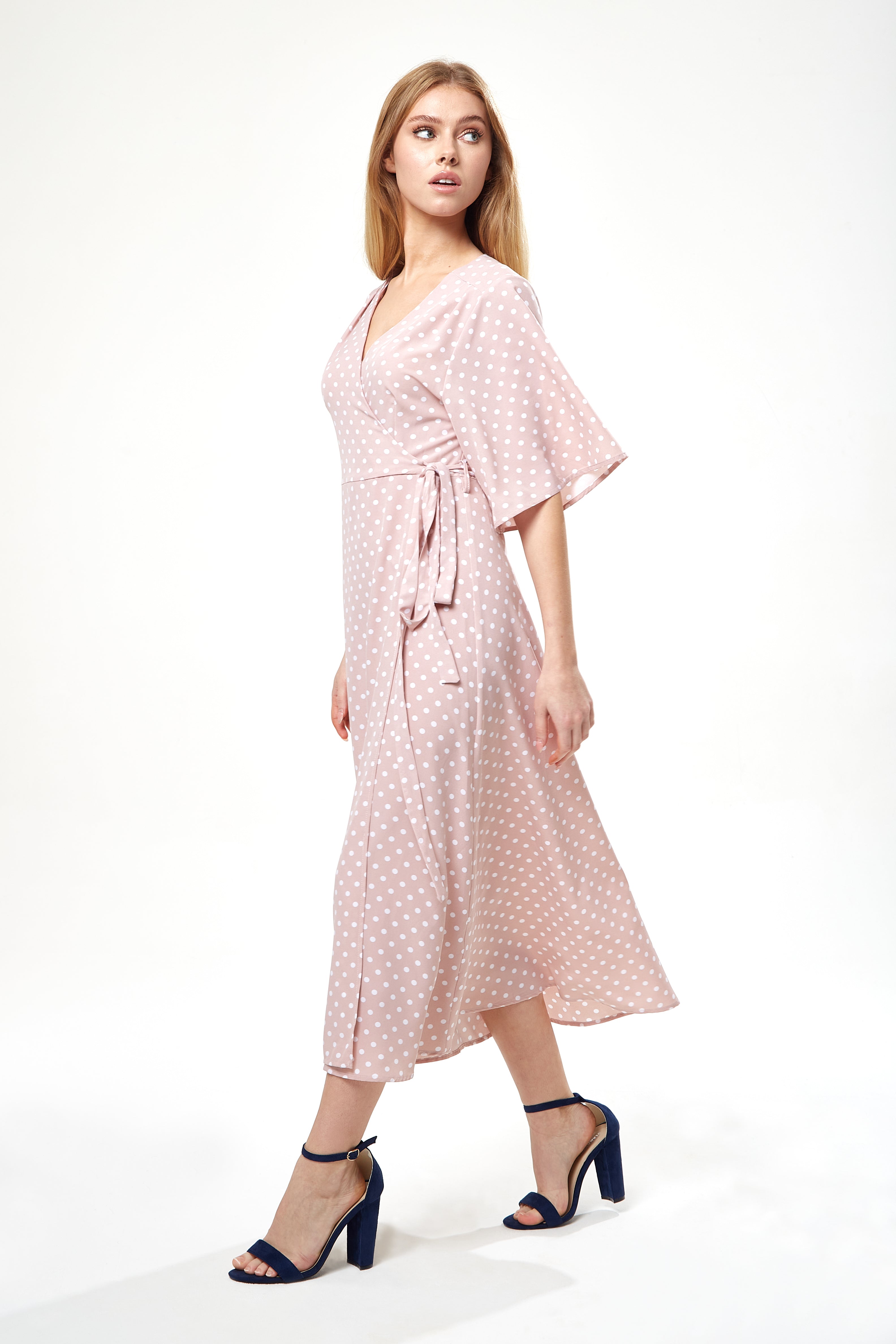 Women’s Midi Wrap Dress in Light Pink with Kimono Sleeves - Elegant Design by Liquorish