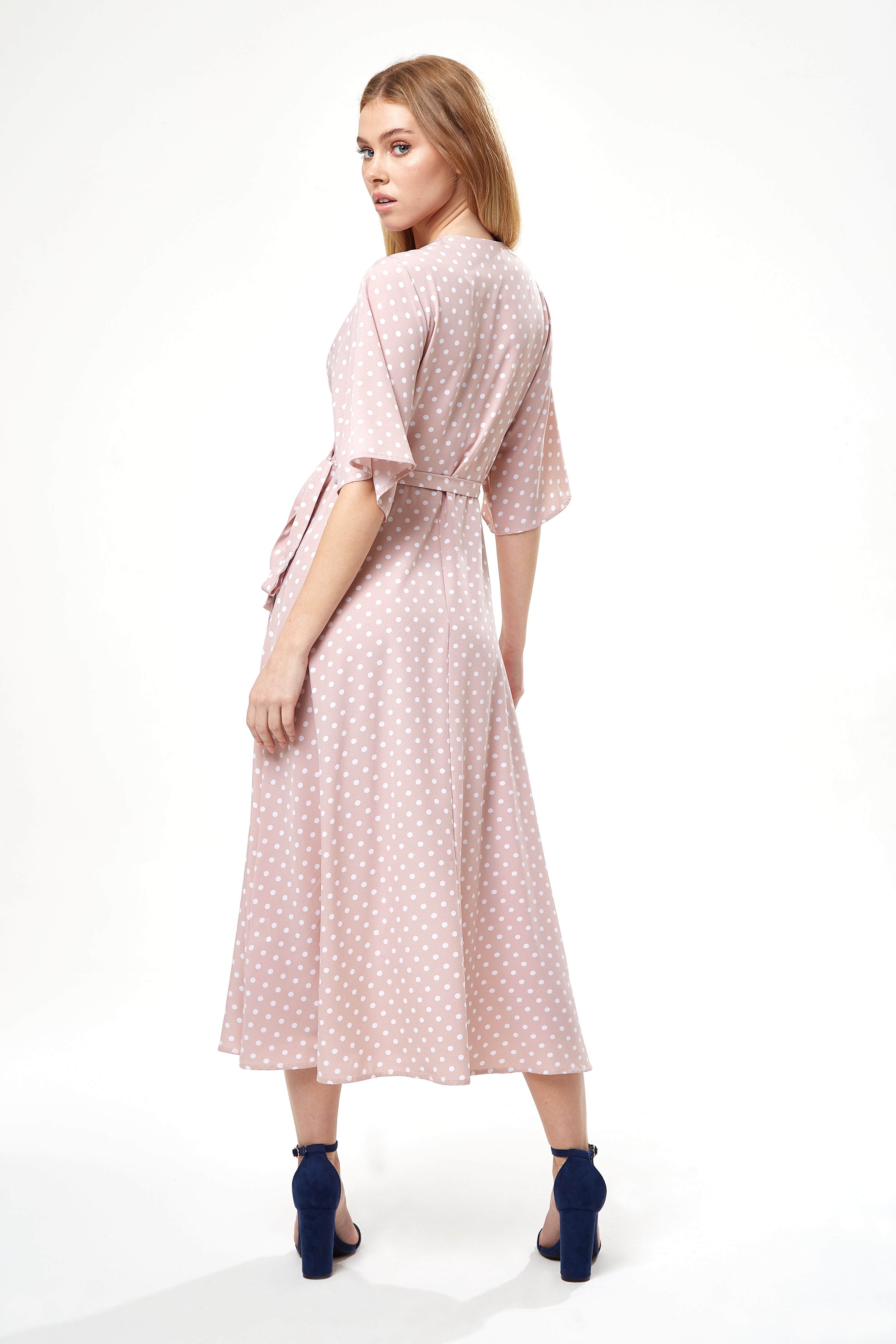 Women’s Midi Wrap Dress in Light Pink with Kimono Sleeves - Elegant Design by Liquorish
