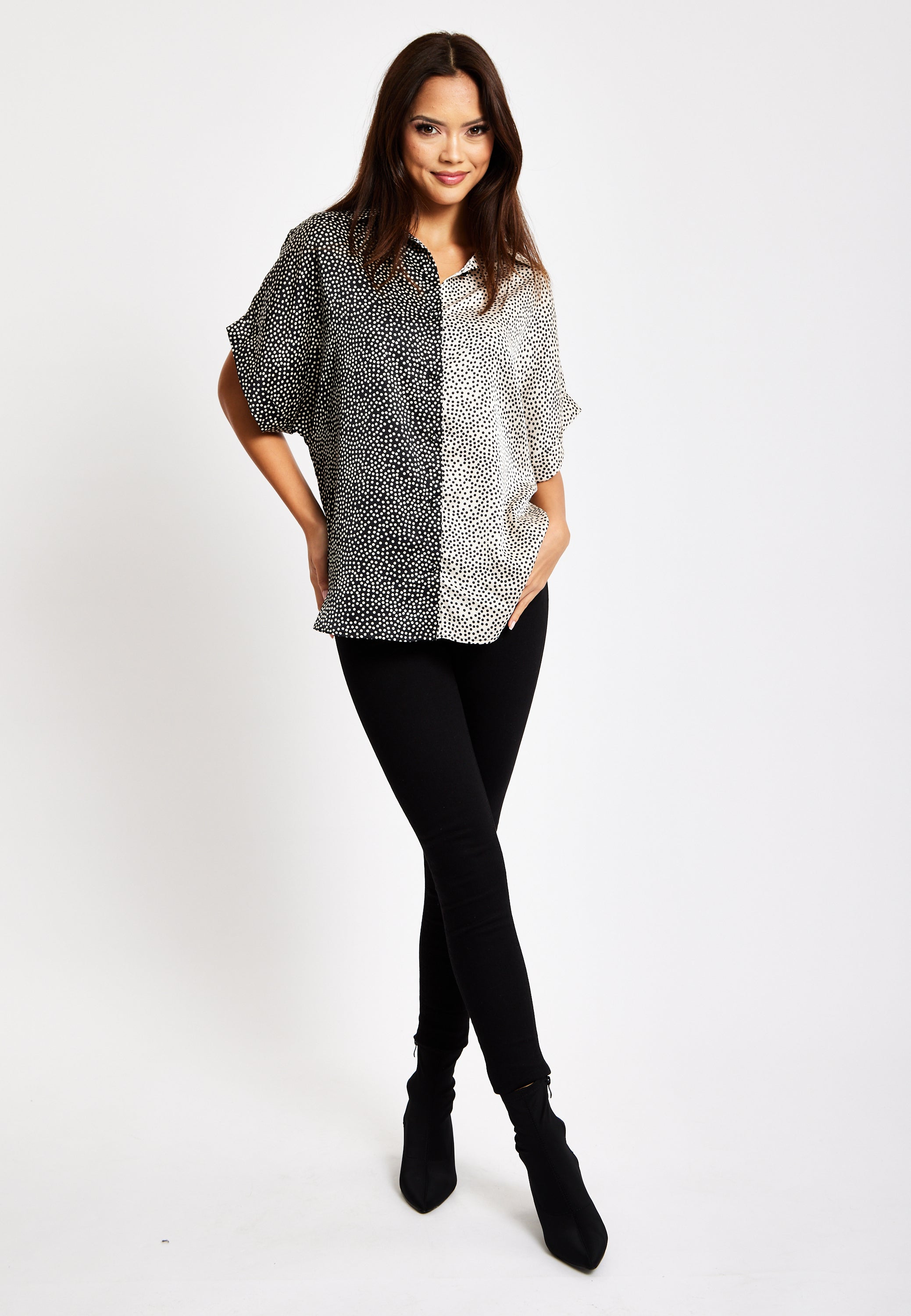 Women’s Monochrome Polka Dot Print Shirt with Short Sleeves, Button-Up Front, Regular Fit, Shirt Collar