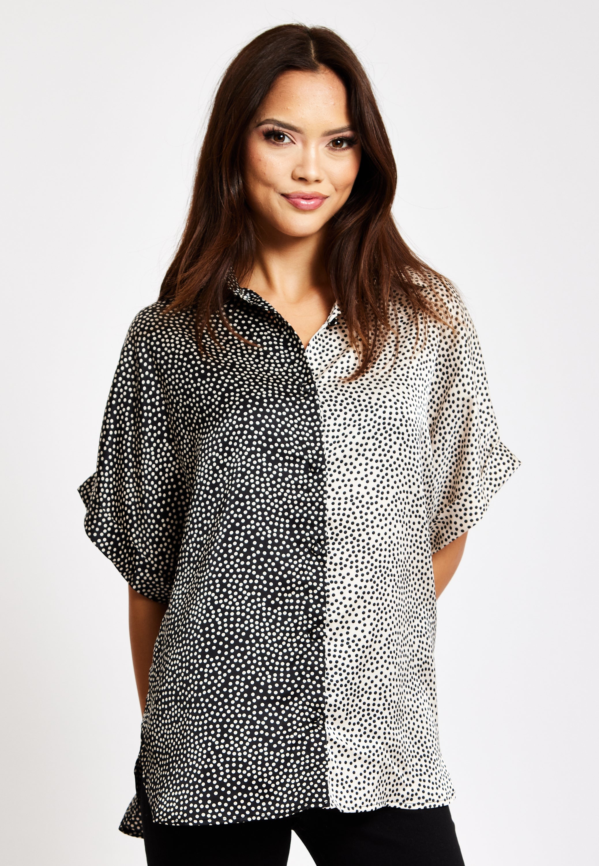 Women’s Monochrome Polka Dot Print Shirt with Short Sleeves, Button-Up Front, Regular Fit, Shirt Collar