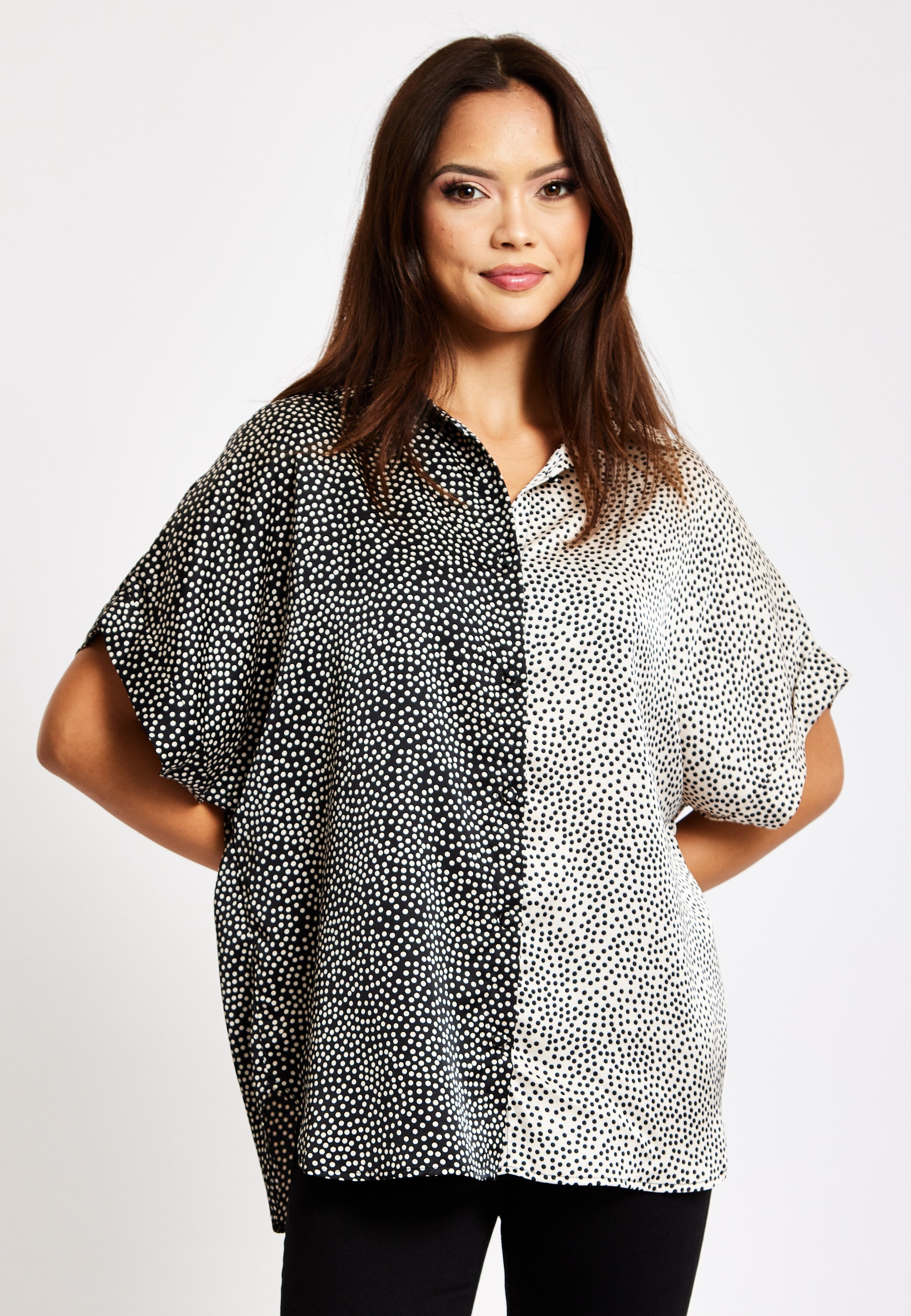 Women’s Monochrome Polka Dot Print Shirt with Short Sleeves, Button-Up Front, Regular Fit, Shirt Collar