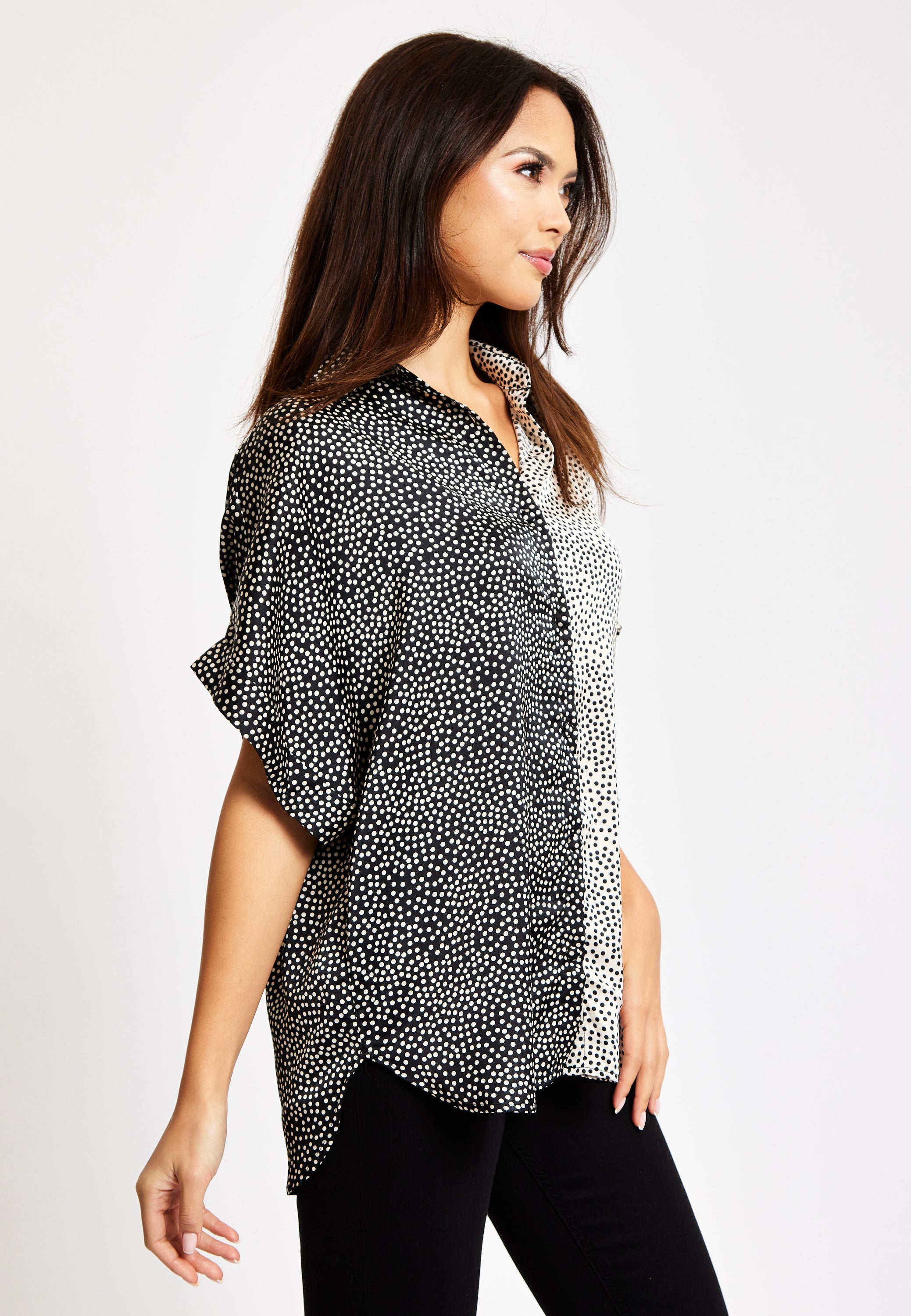 Women’s Monochrome Polka Dot Print Shirt with Short Sleeves, Button-Up Front, Regular Fit, Shirt Collar