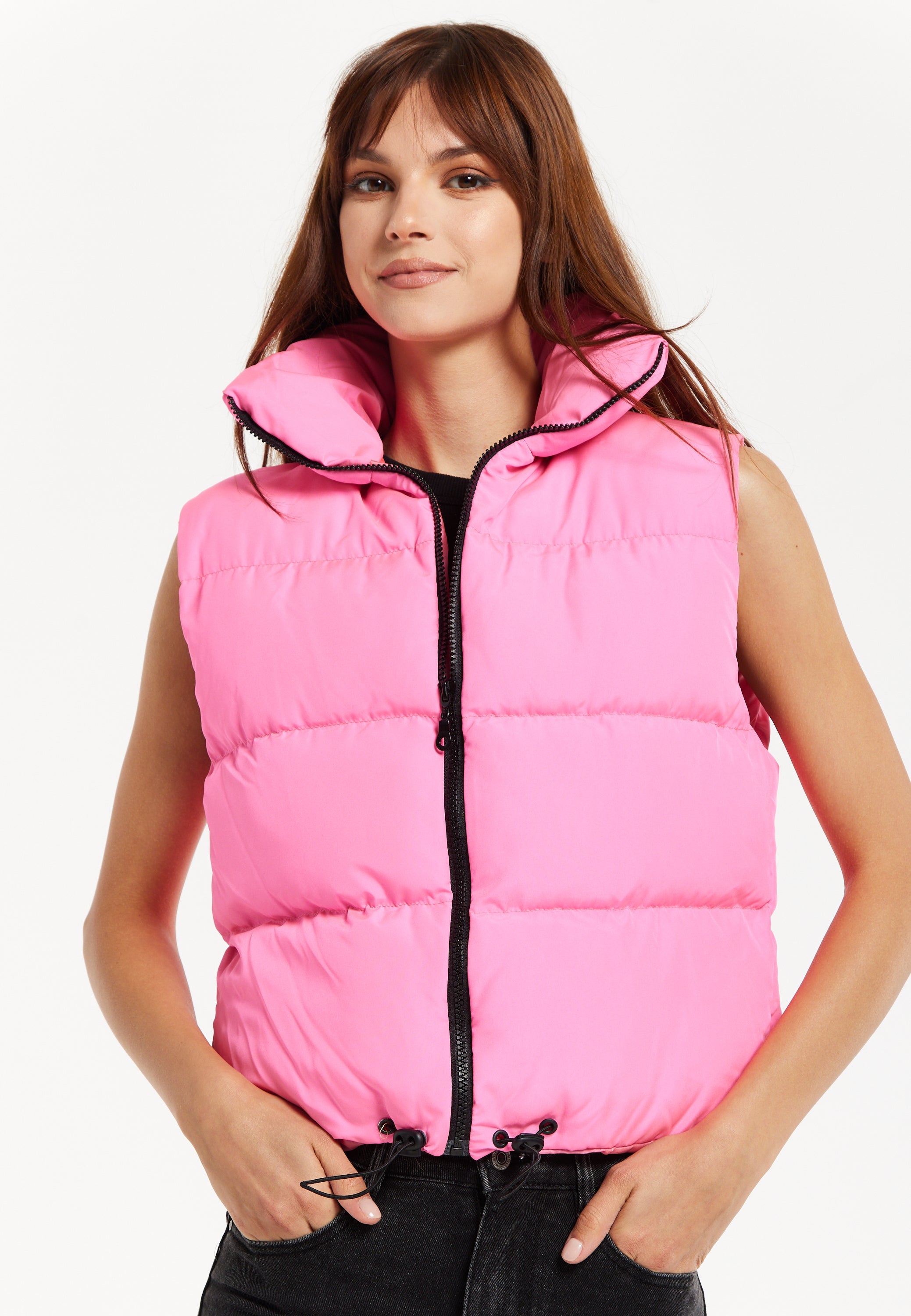 Women's Pink Puffer Vest with Drawstring Hem and High Collar for Cozy Layering