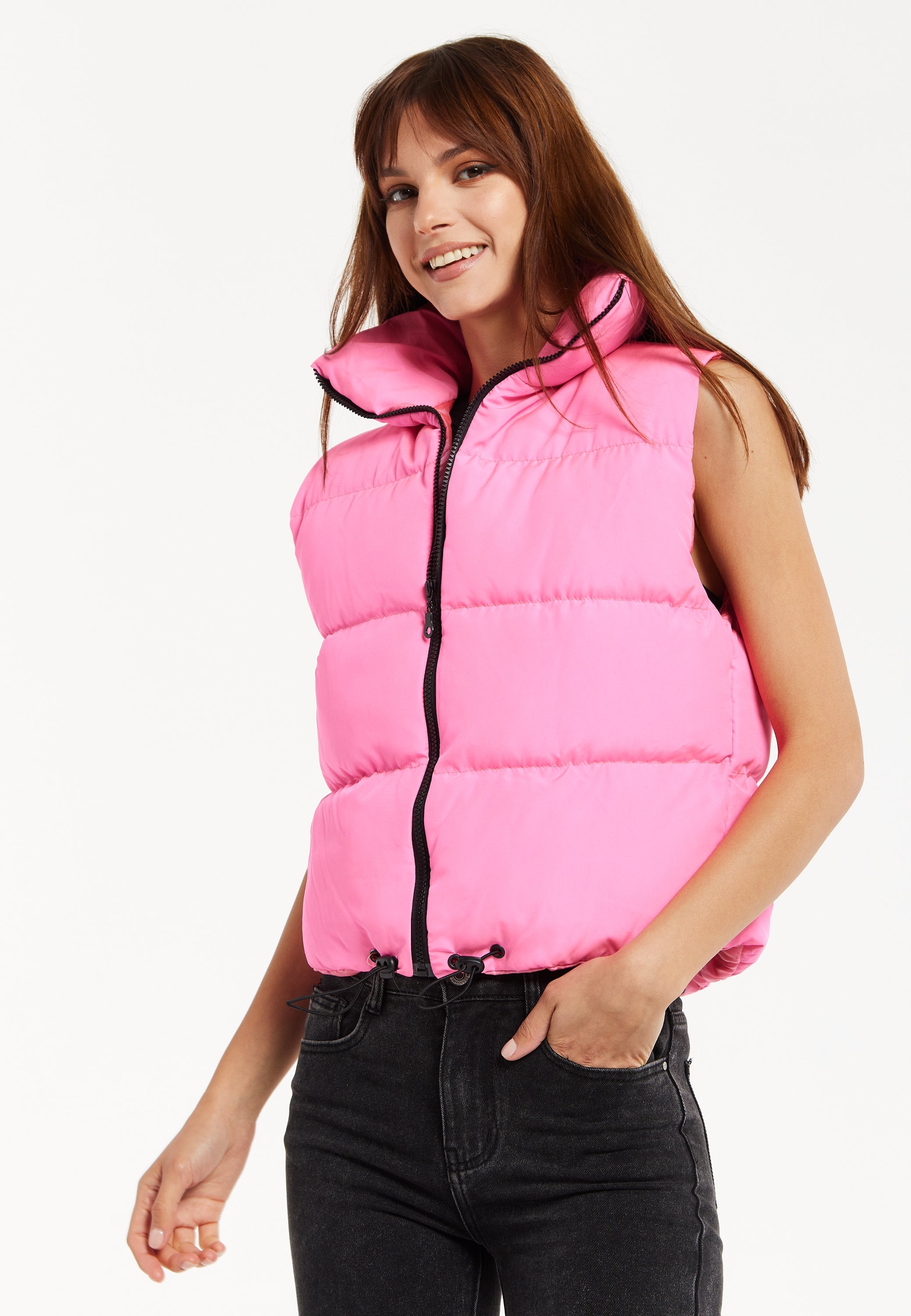 Women's Pink Puffer Vest with Drawstring Hem and High Collar for Cozy Layering