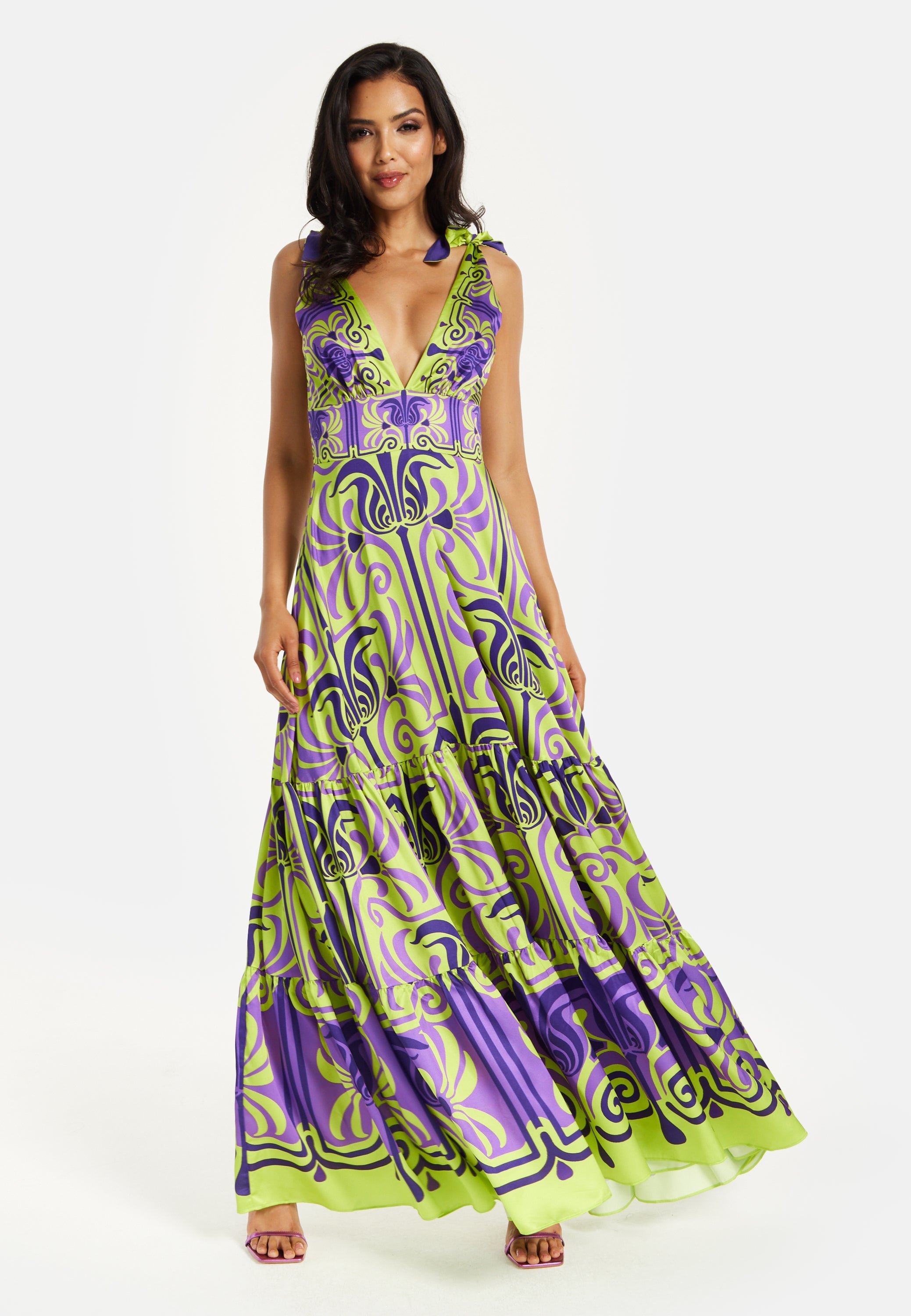Women's Maxi Dress with Flowing Tiered Skirt in Purple and Lime Green - Deep V-Neck Style by Liquorish