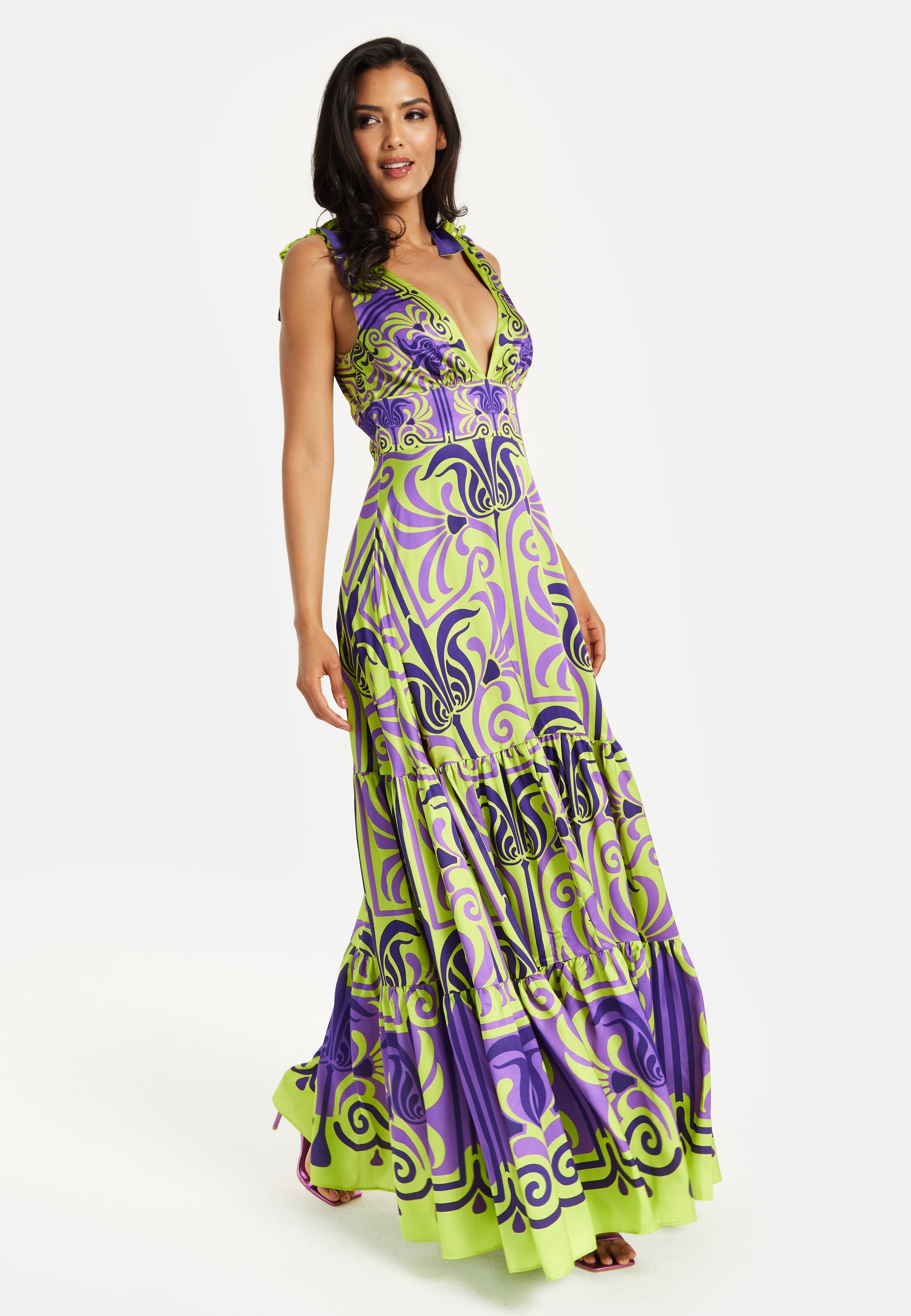 Women's Maxi Dress with Flowing Tiered Skirt in Purple and Lime Green - Deep V-Neck Style by Liquorish