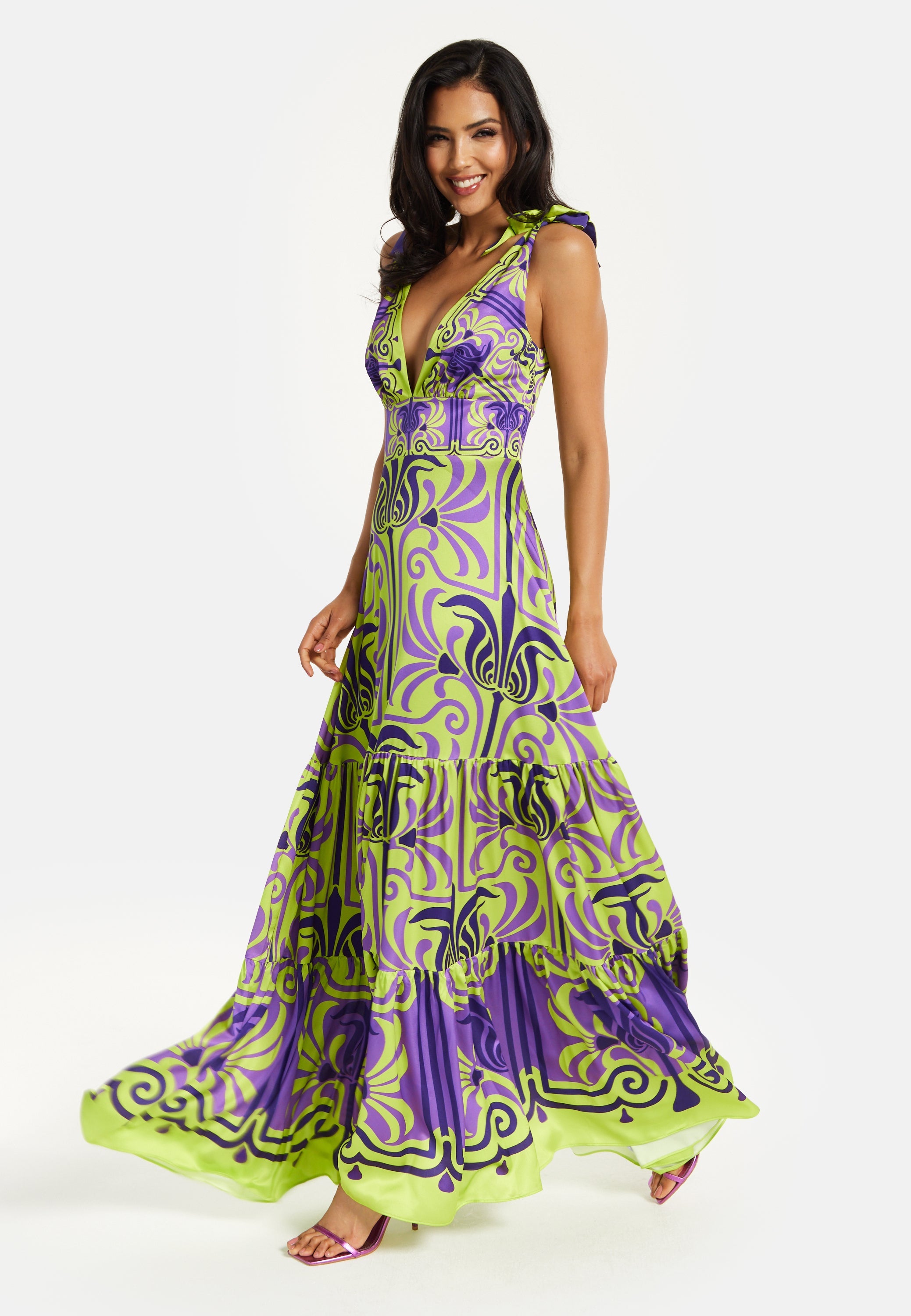 Women's Maxi Dress with Flowing Tiered Skirt in Purple and Lime Green - Deep V-Neck Style by Liquorish