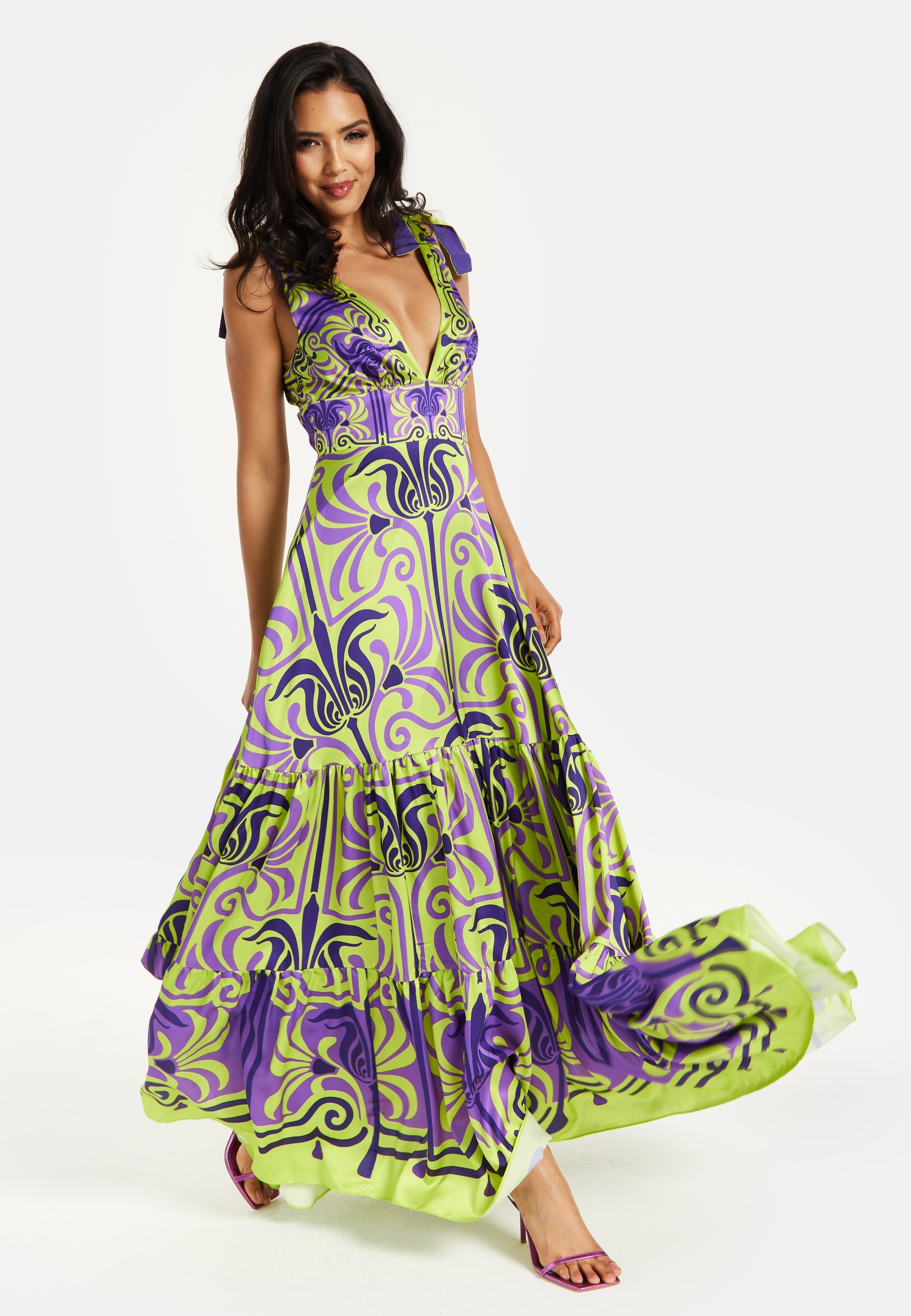 Women's Maxi Dress with Flowing Tiered Skirt in Purple and Lime Green - Deep V-Neck Style by Liquorish