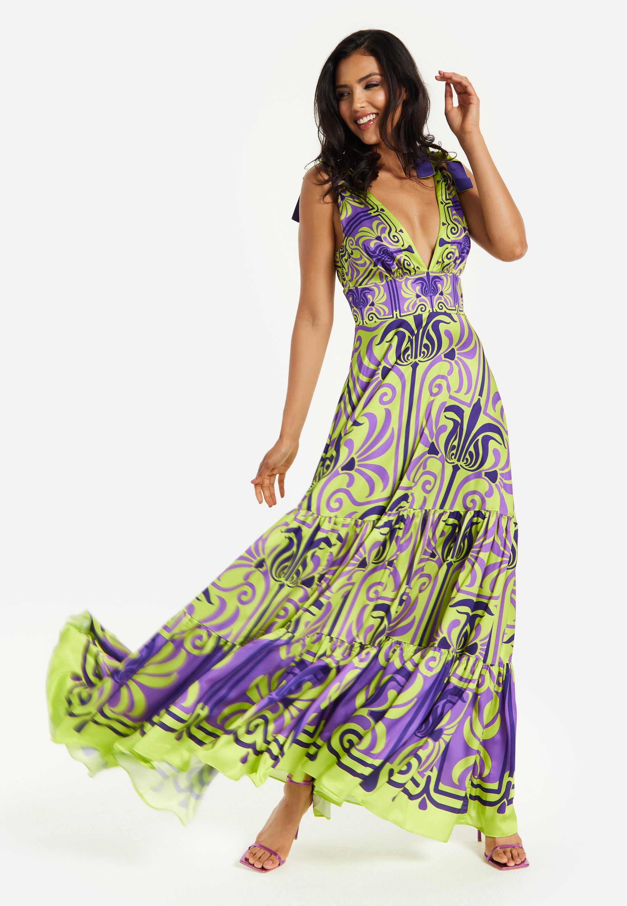 Women's Maxi Dress with Flowing Tiered Skirt in Purple and Lime Green - Deep V-Neck Style by Liquorish
