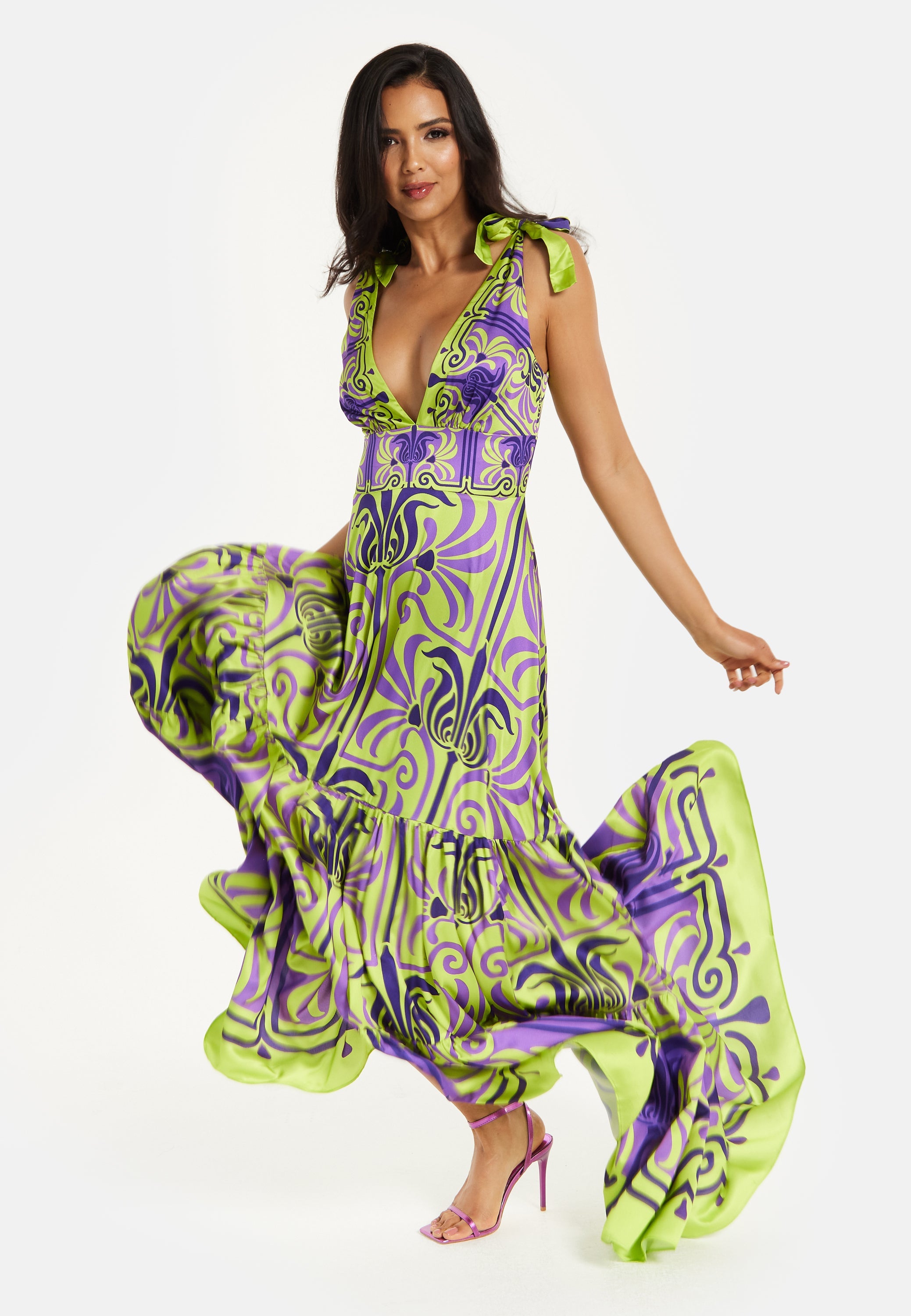 Women's Maxi Dress with Flowing Tiered Skirt in Purple and Lime Green - Deep V-Neck Style by Liquorish