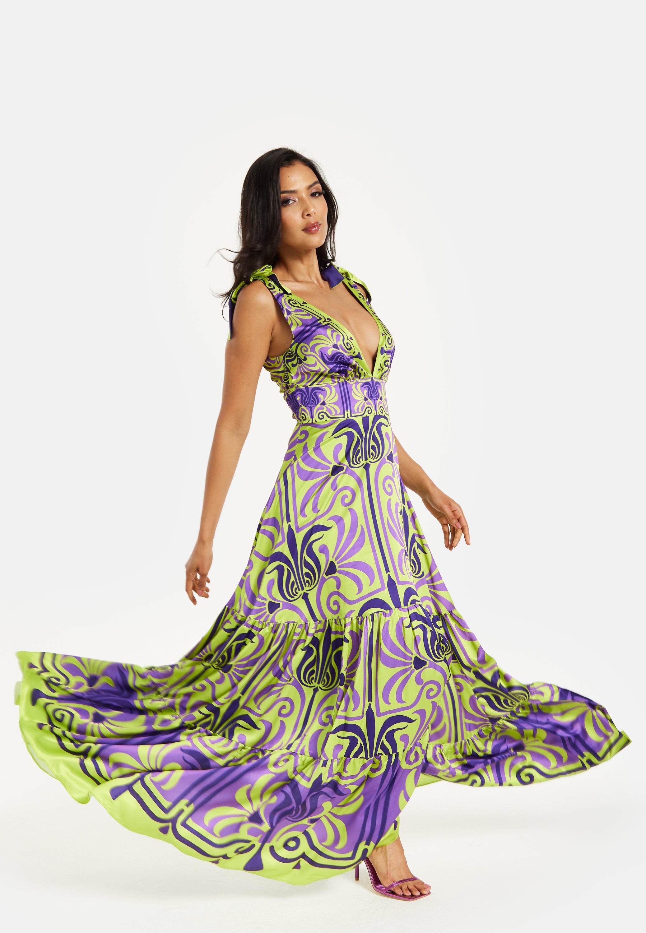 Women's Maxi Dress with Flowing Tiered Skirt in Purple and Lime Green - Deep V-Neck Style by Liquorish