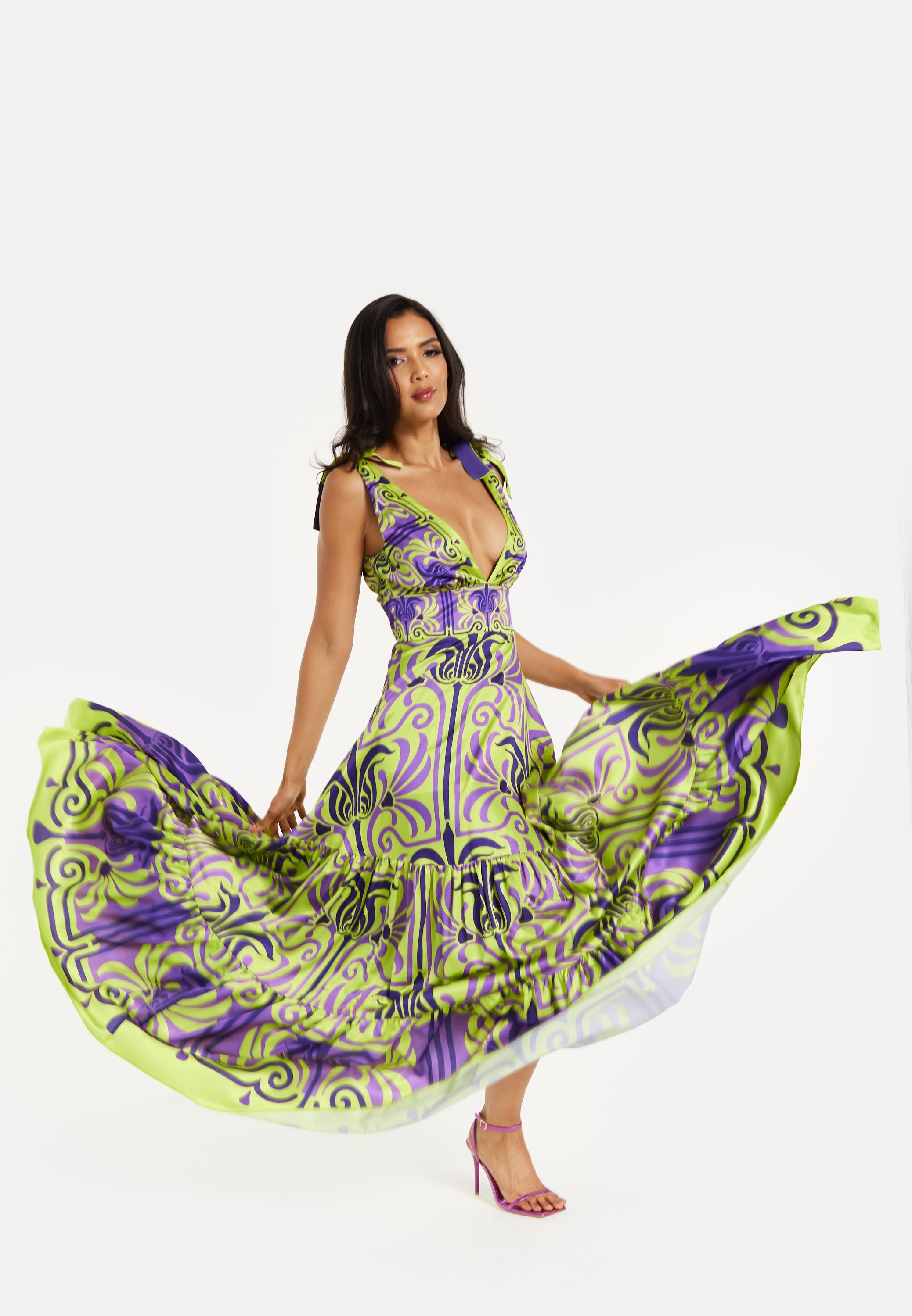 Women's Maxi Dress with Flowing Tiered Skirt in Purple and Lime Green - Deep V-Neck Style by Liquorish