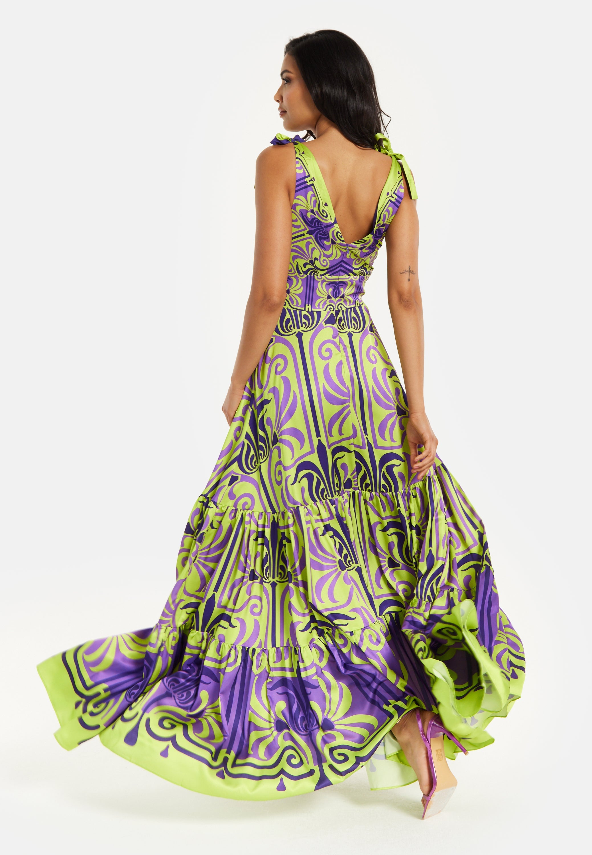 Women's Maxi Dress with Flowing Tiered Skirt in Purple and Lime Green - Deep V-Neck Style by Liquorish
