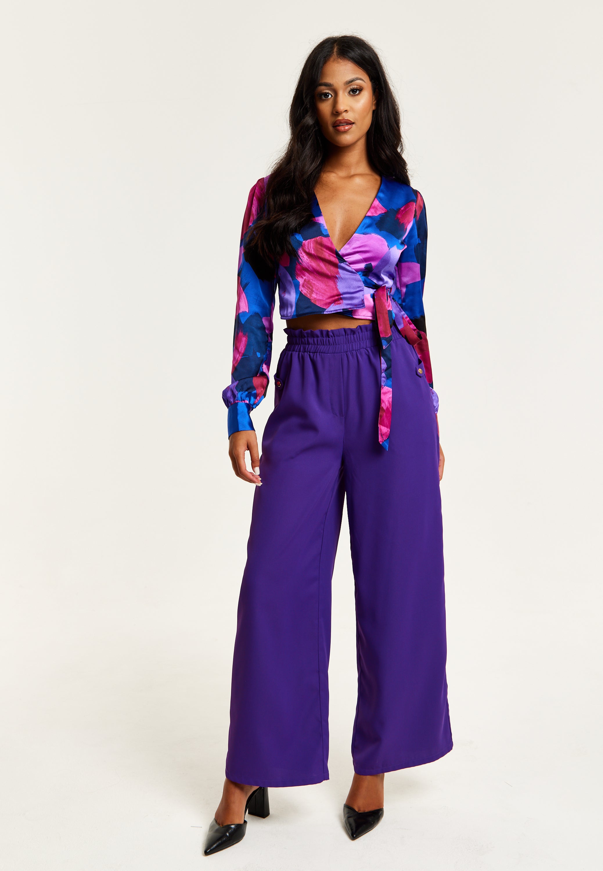 Women’s Purple Wide Leg Trousers with High Waist, Elasticated Waist & Front Pockets - Liquorish
