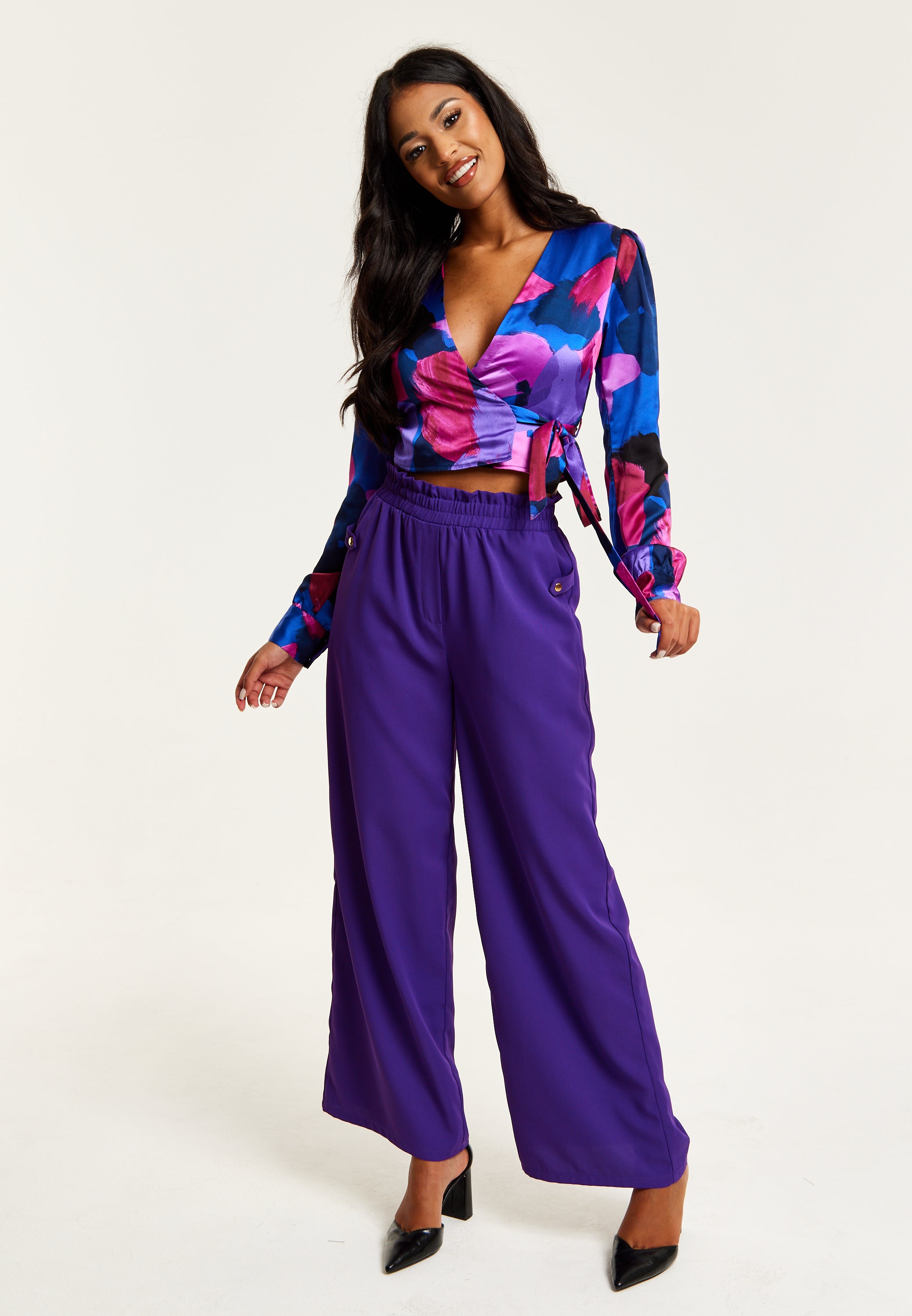 Women’s Purple Wide Leg Trousers with High Waist, Elasticated Waist & Front Pockets - Liquorish