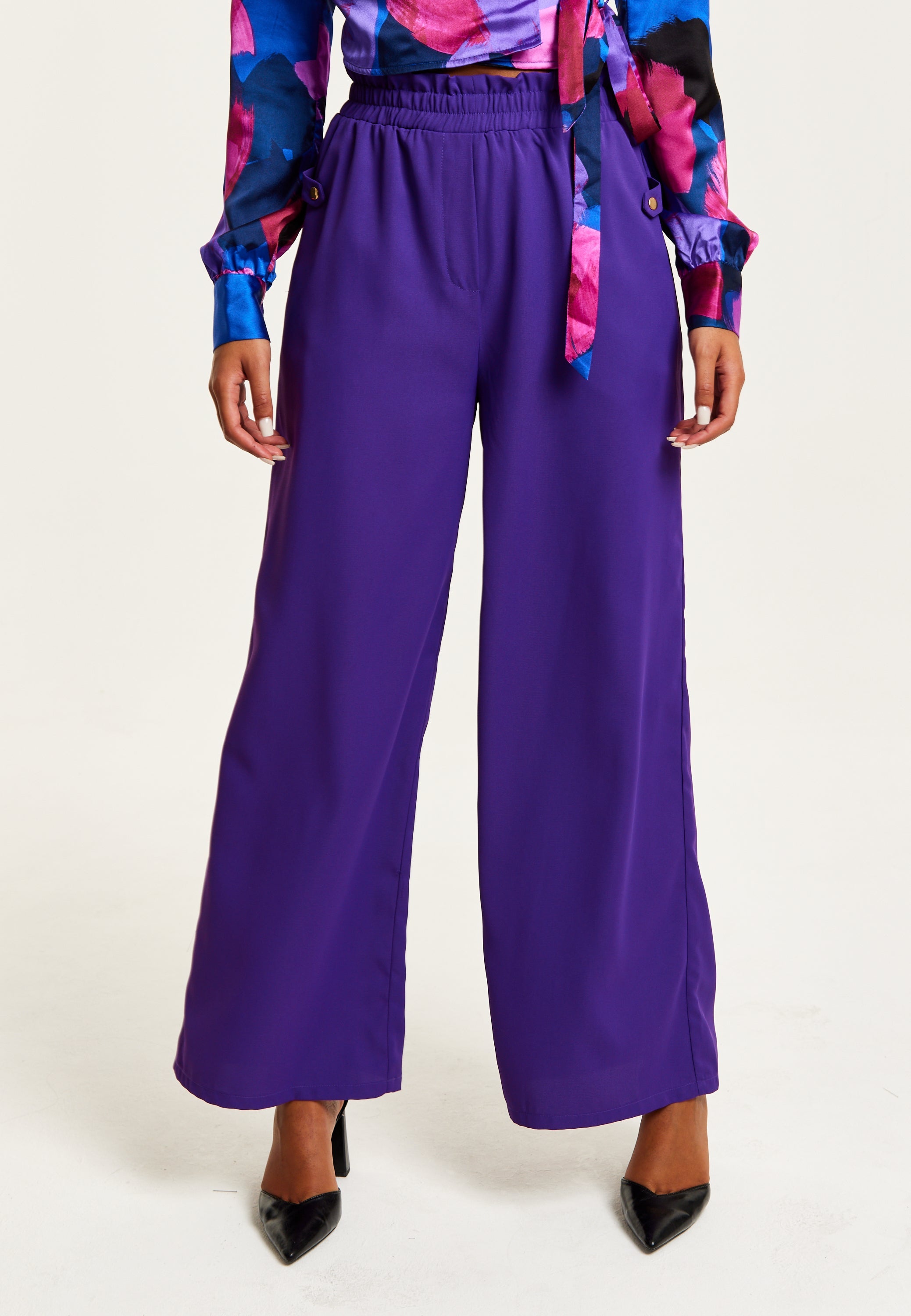 Women’s Purple Wide Leg Trousers with High Waist, Elasticated Waist & Front Pockets - Liquorish