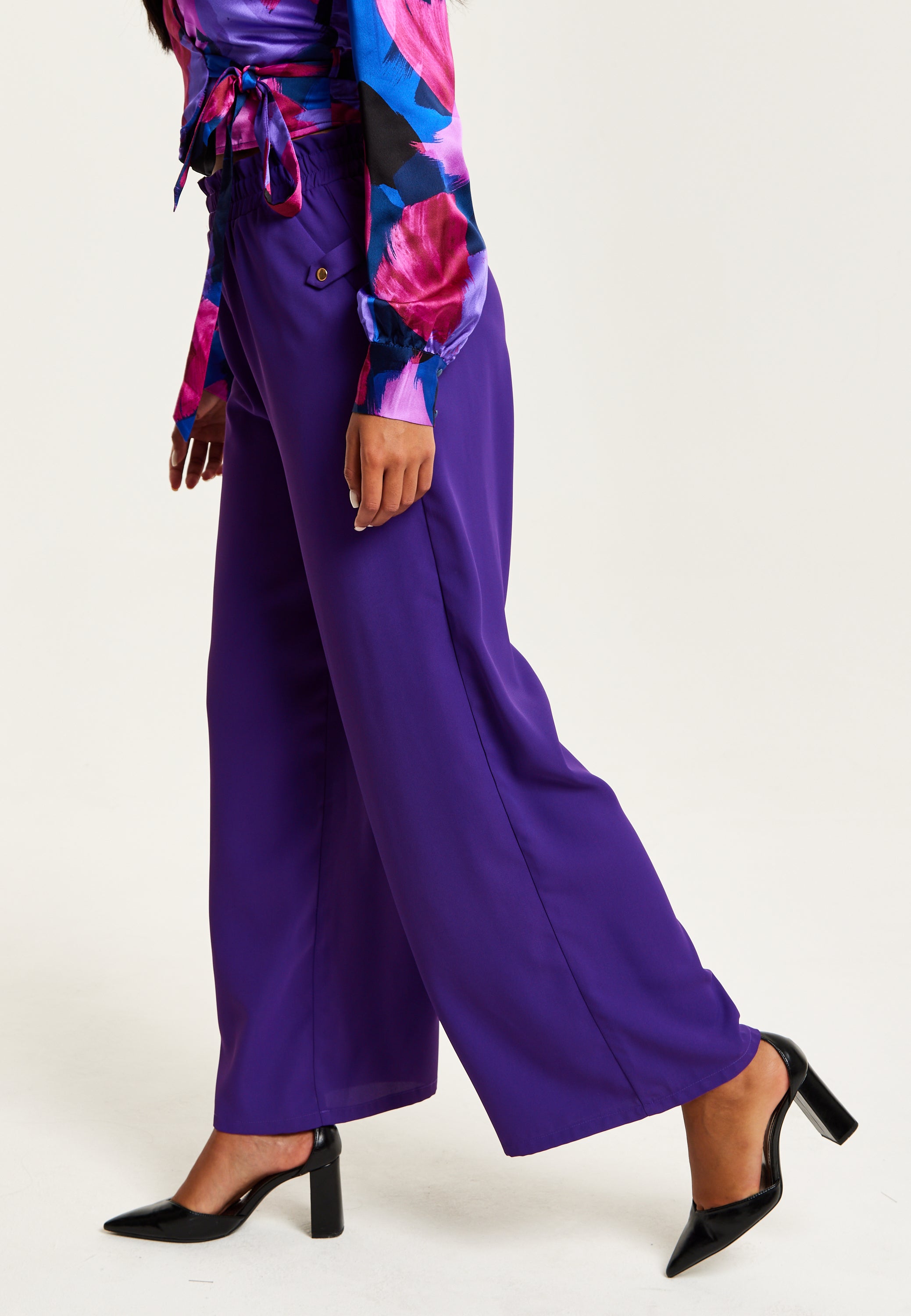 Women’s Purple Wide Leg Trousers with High Waist, Elasticated Waist & Front Pockets - Liquorish